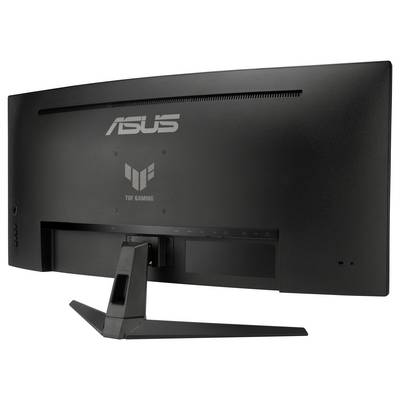 Černý monitor počítače se stojanem je vidět zezadu. Nahoře je nápis 'ASUS', pod ním logo 'TUF Gaming'.