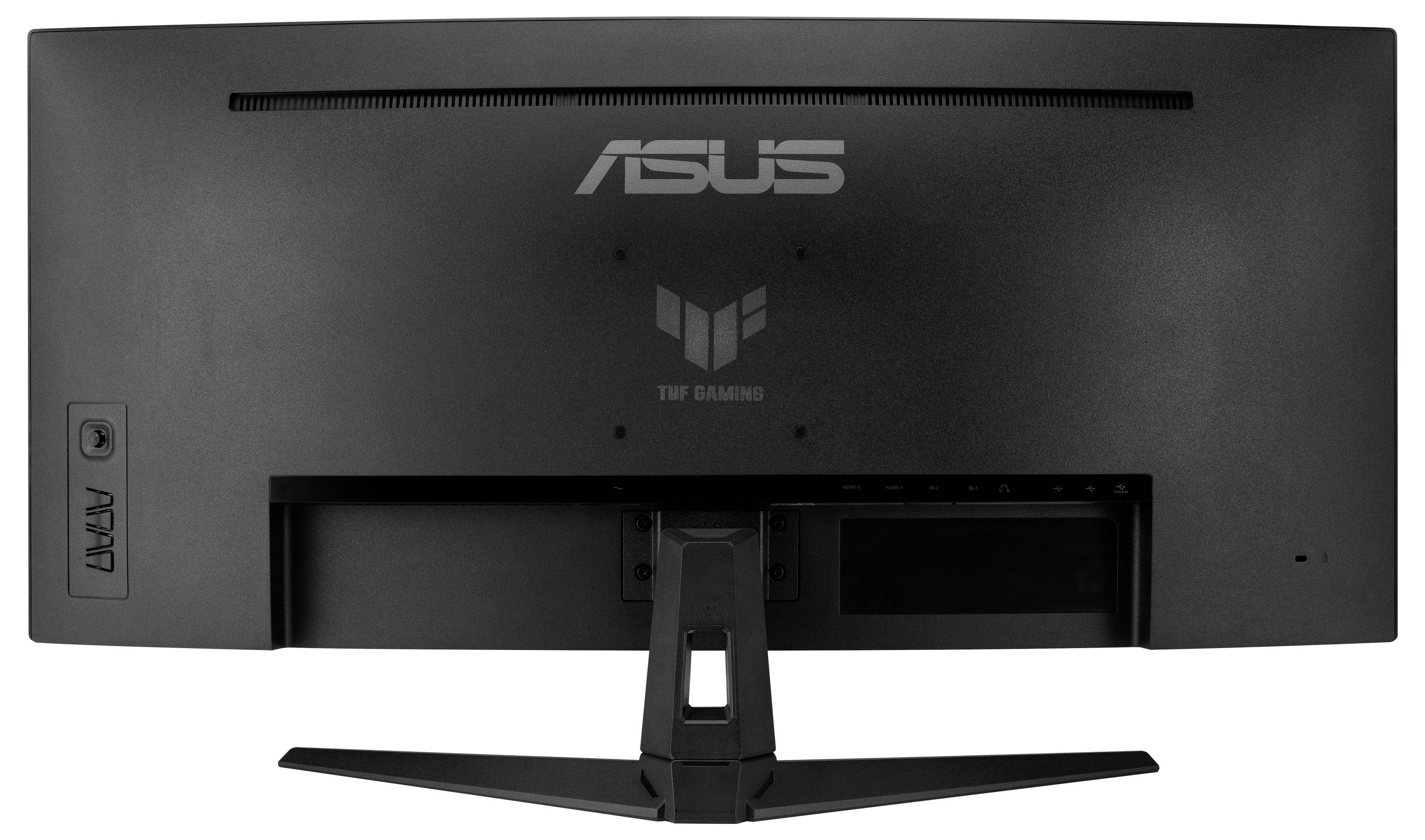 Zadní strana herního monitoru ASUS TUF s pohledem na jeho stojan a logo výrobce. Vhodné pro herní sestavy.