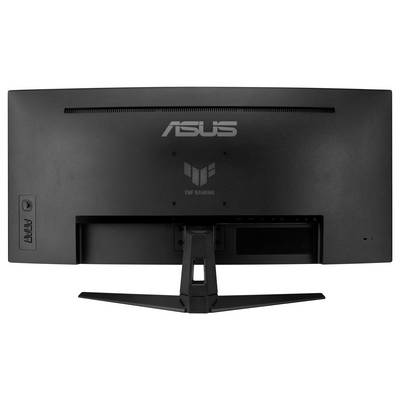 Zadní strana herního monitoru ASUS TUF s pohledem na jeho stojan a logo výrobce. Vhodné pro herní sestavy.
