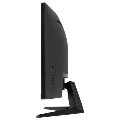 Boční pohled na černý počítačový monitor s ergonomickou podstavou odhaluje štíhlý design a konektory.