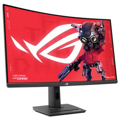 Zakřivený herní monitor s logem ROG a postavou robota na červeném pozadí.