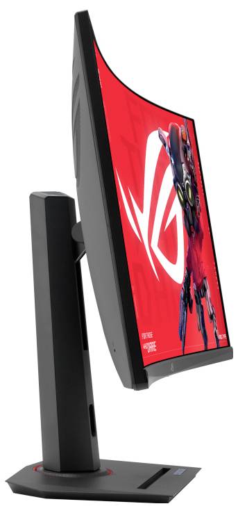Zakřivený herní monitor na stojanu, boční pohled. Obrazovka zobrazuje dynamický obraz robota.