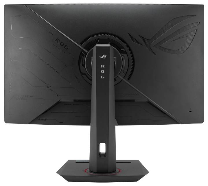 Počítačový monitor zezadu, černý s logem ROG a stabilní podstavou.