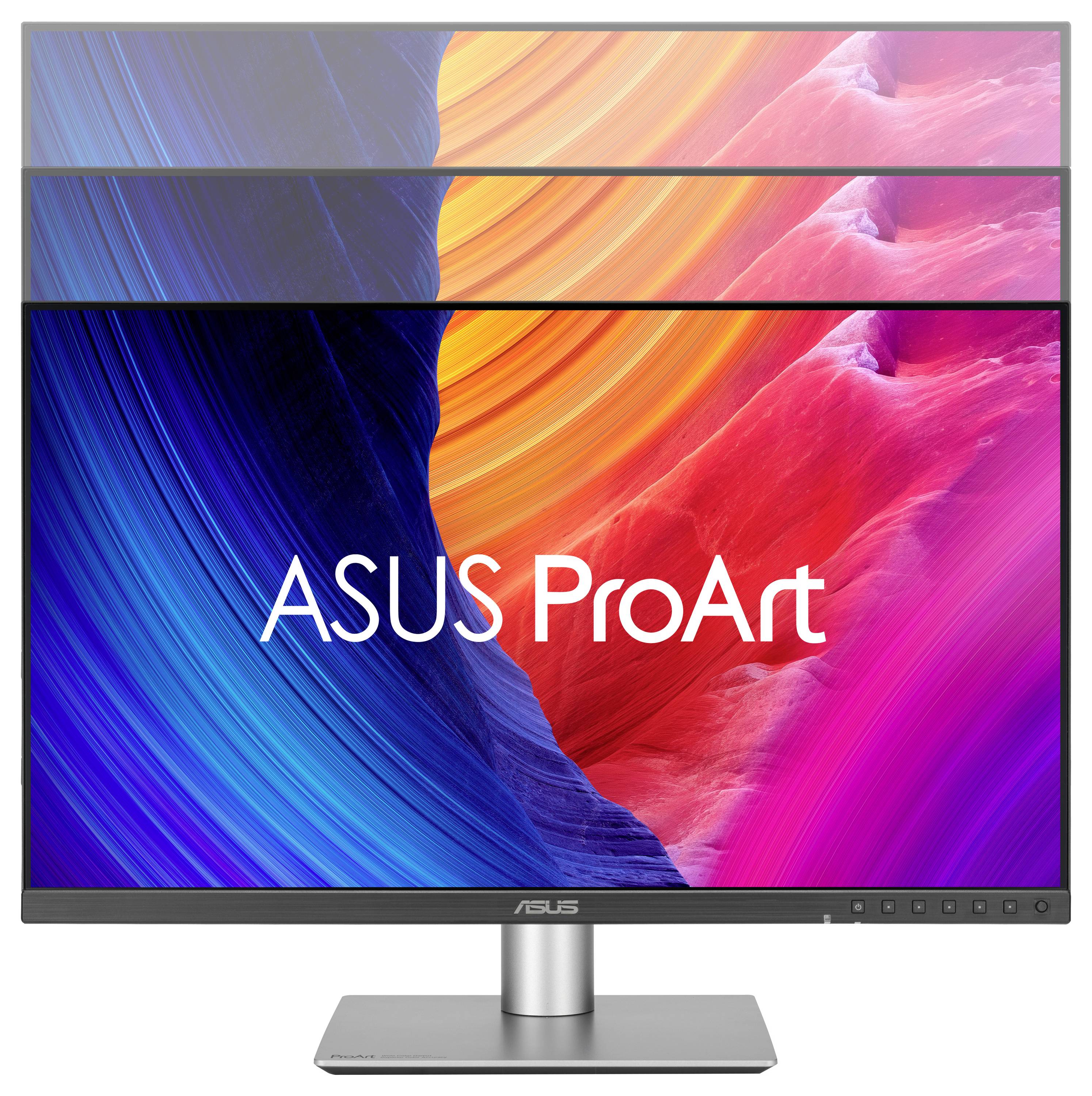 Monitor ASUS ProArt s barevným abstraktním pozadím. Displej zobrazuje živé barvy v modré, oranžové a růžové.
