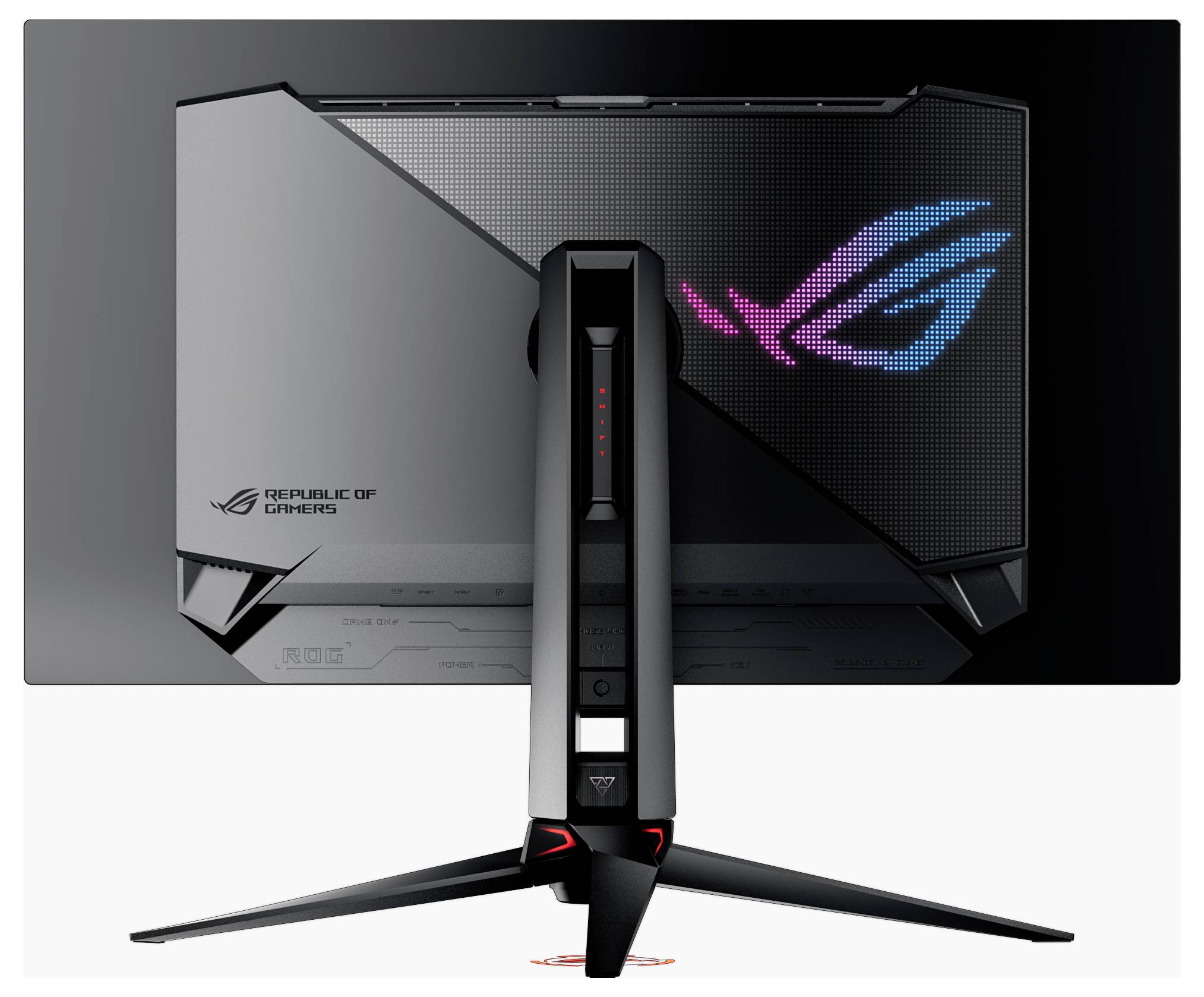 Počítačový monitor zezadu, s logem RGB a nápisem 'Republic of Gamers'. Monitor má futuristický design.