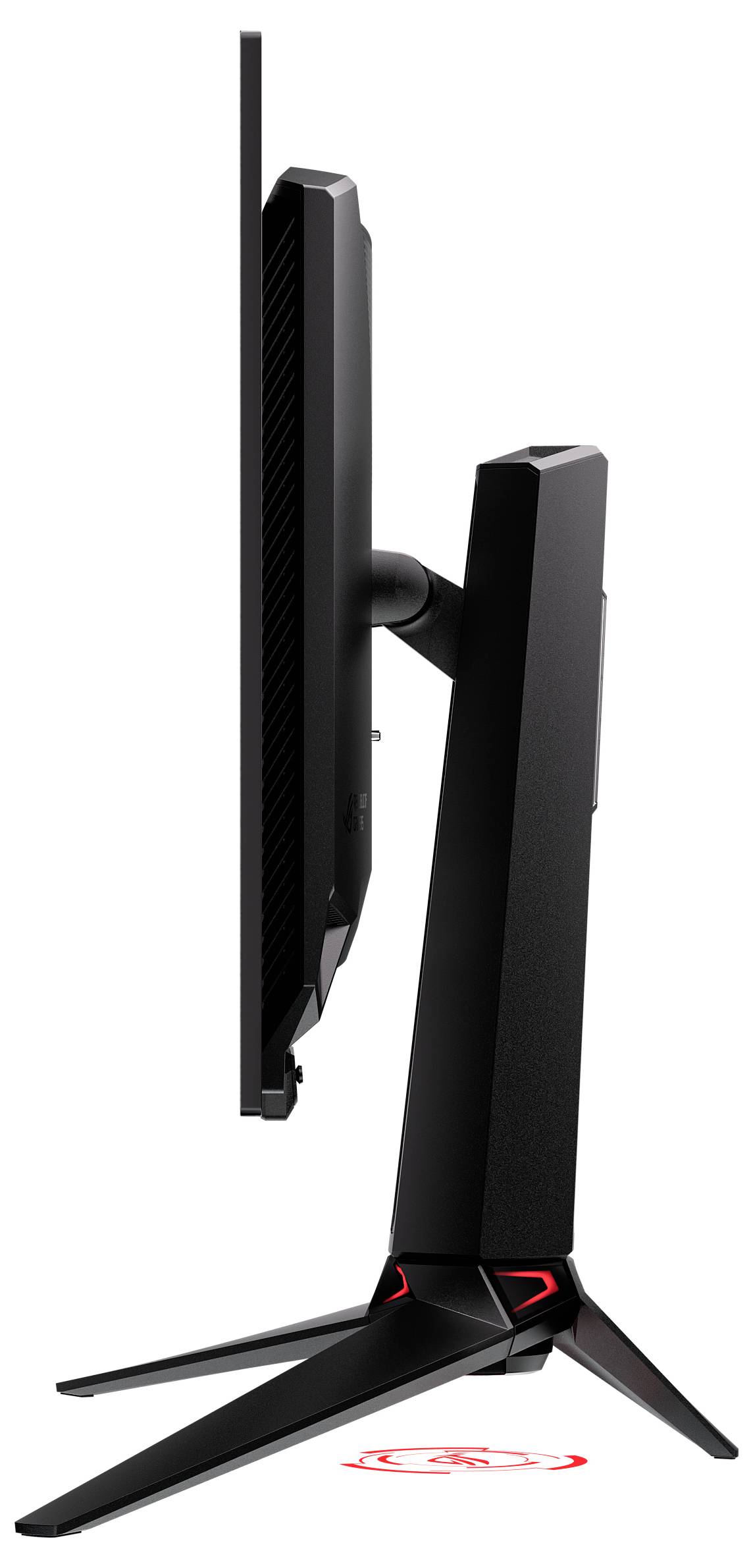 Počítačový monitor s elegantním, moderním designem, pohled z boku. Podstavec je stabilní a mírně nakloněný pro lepší oporu.