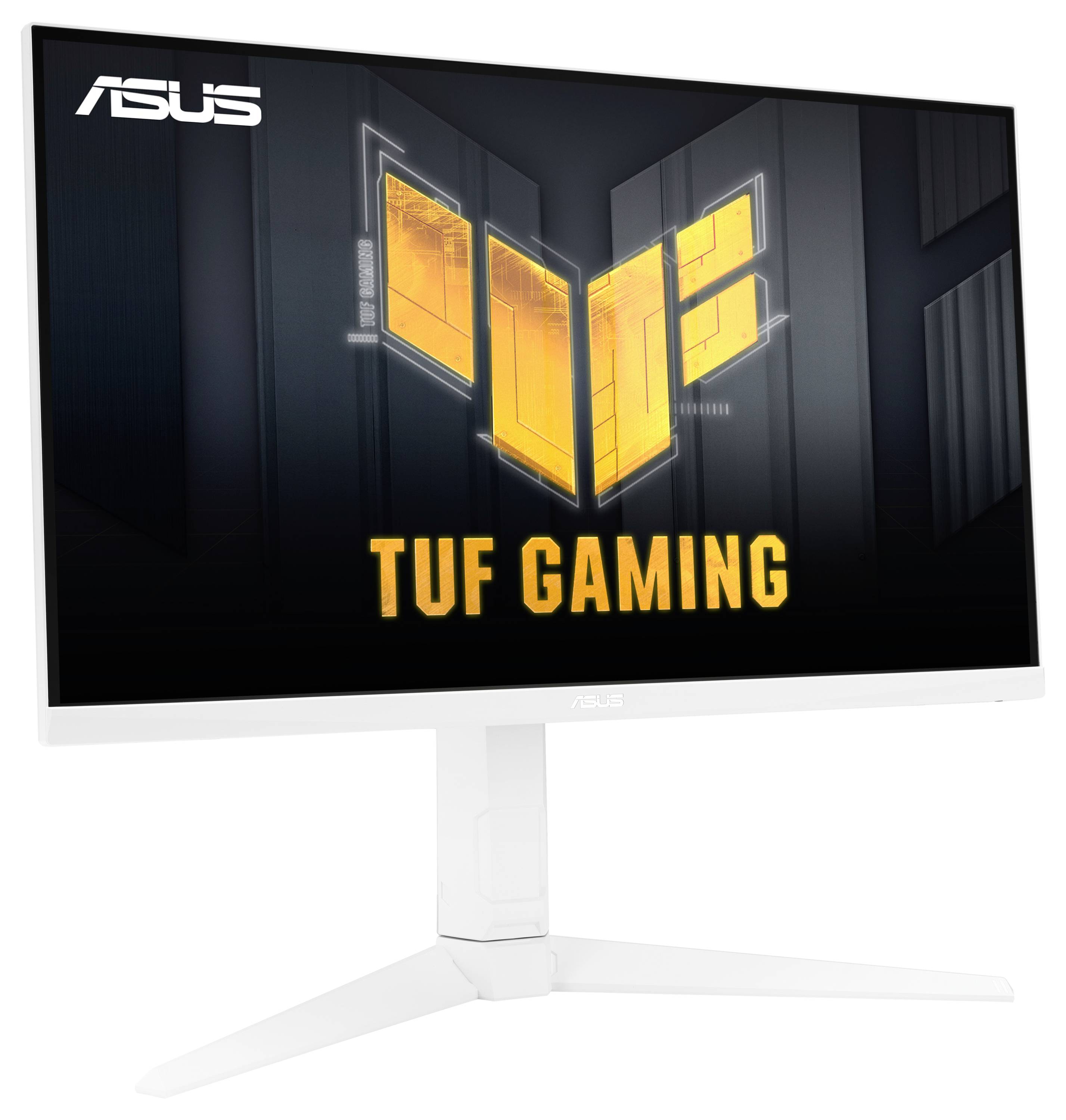 Monitor ASUS TUF Gaming s bílým stojanem zobrazuje žluté herní logo TUF na černém pozadí.