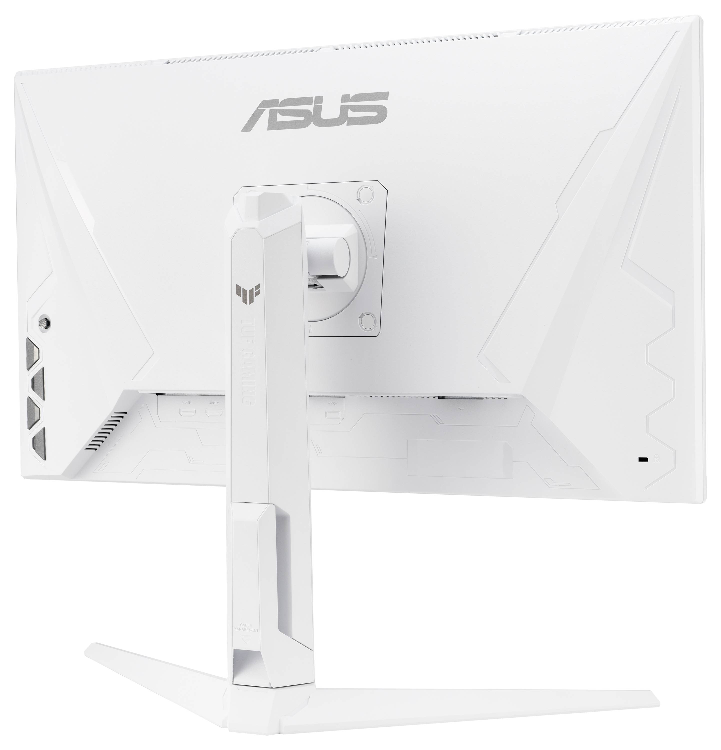 Pohled zezadu na bílý počítačový monitor Asus umístěný na moderním, hranatém stojanu.