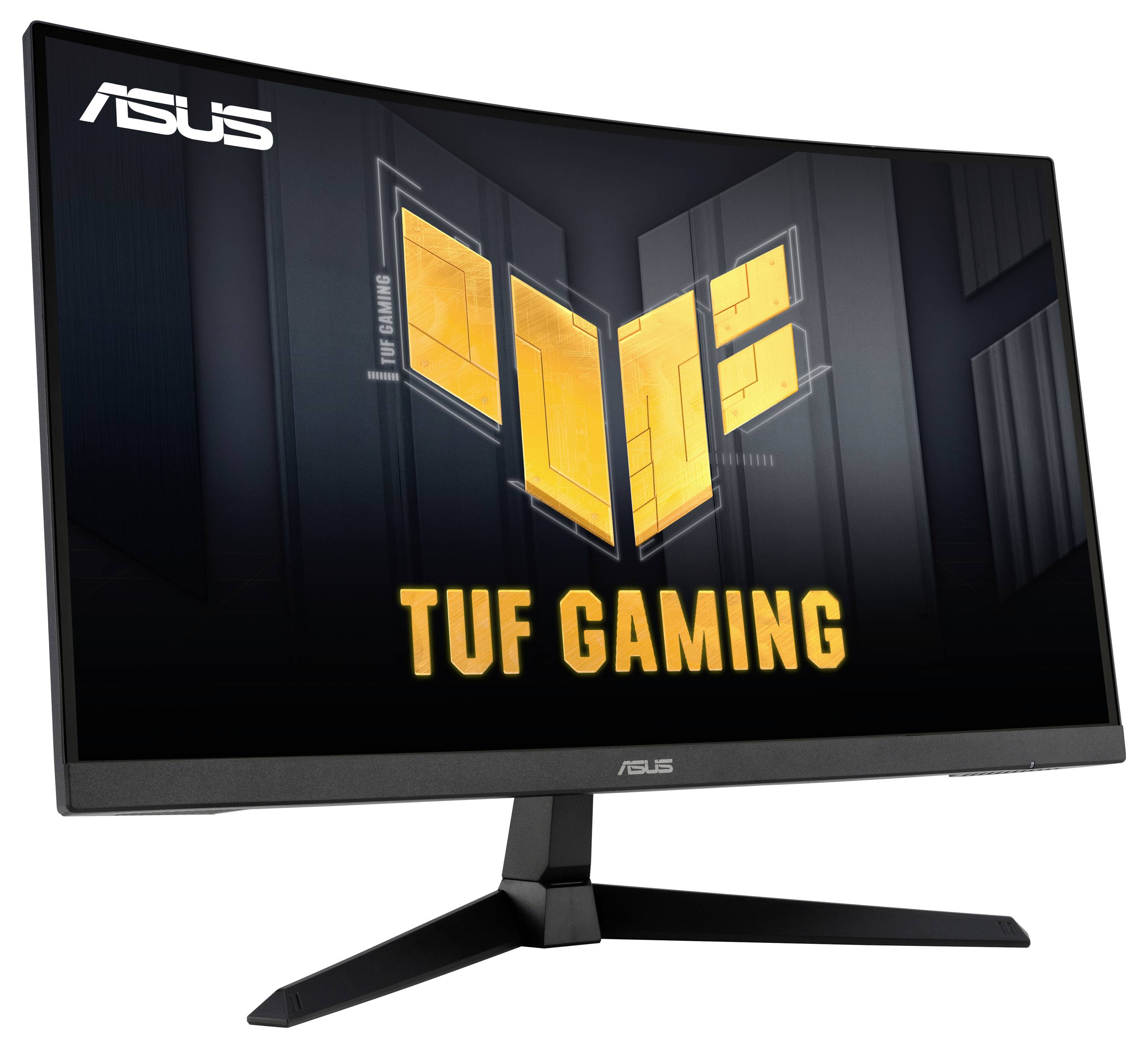 Zakřivený monitor ASUS s logem 'TUF Gaming' na obrazovce.