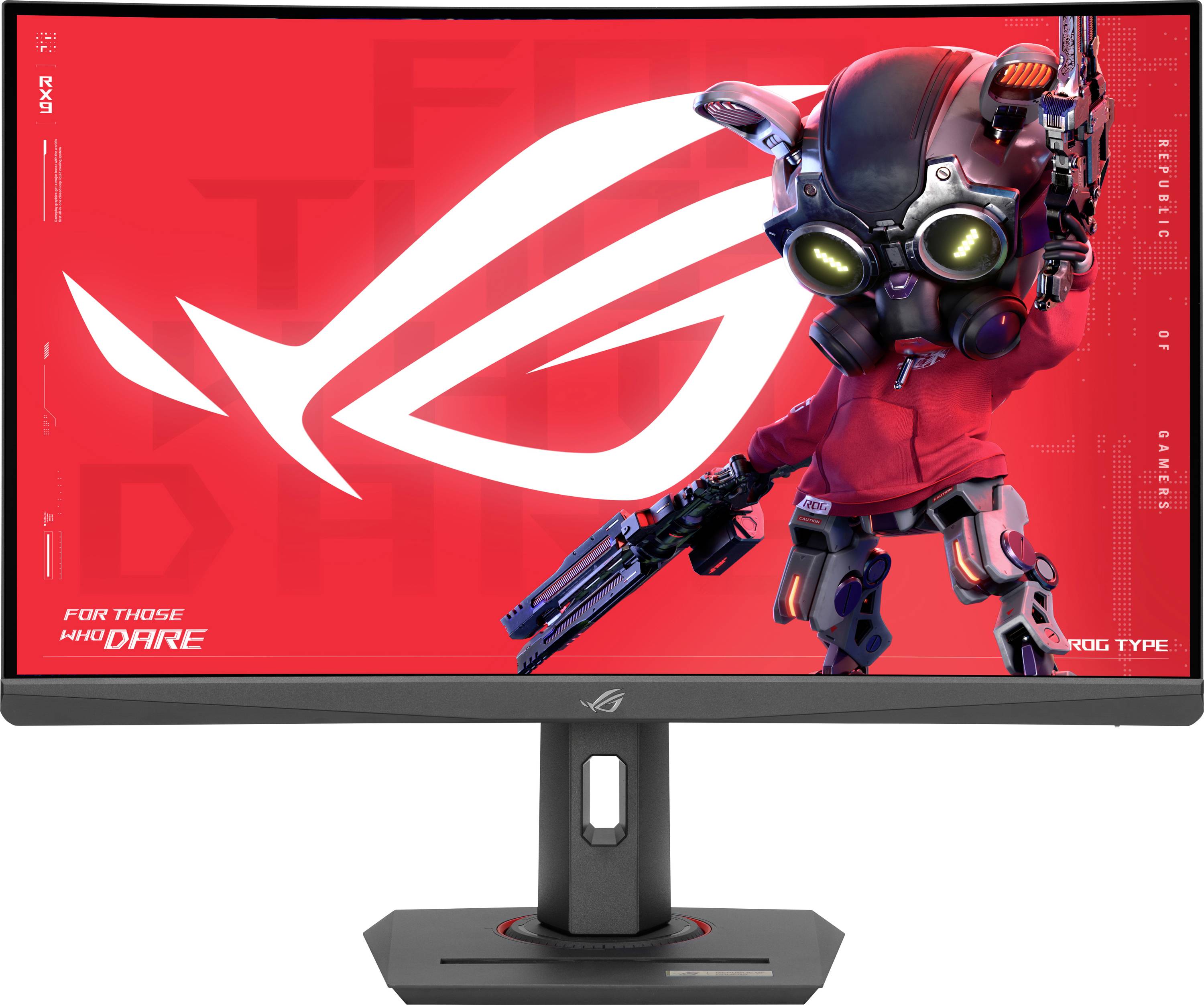 Monitor s obrázkem futuristické postavy v červeném obleku a se zbraní na červeném pozadí s bílým logem.