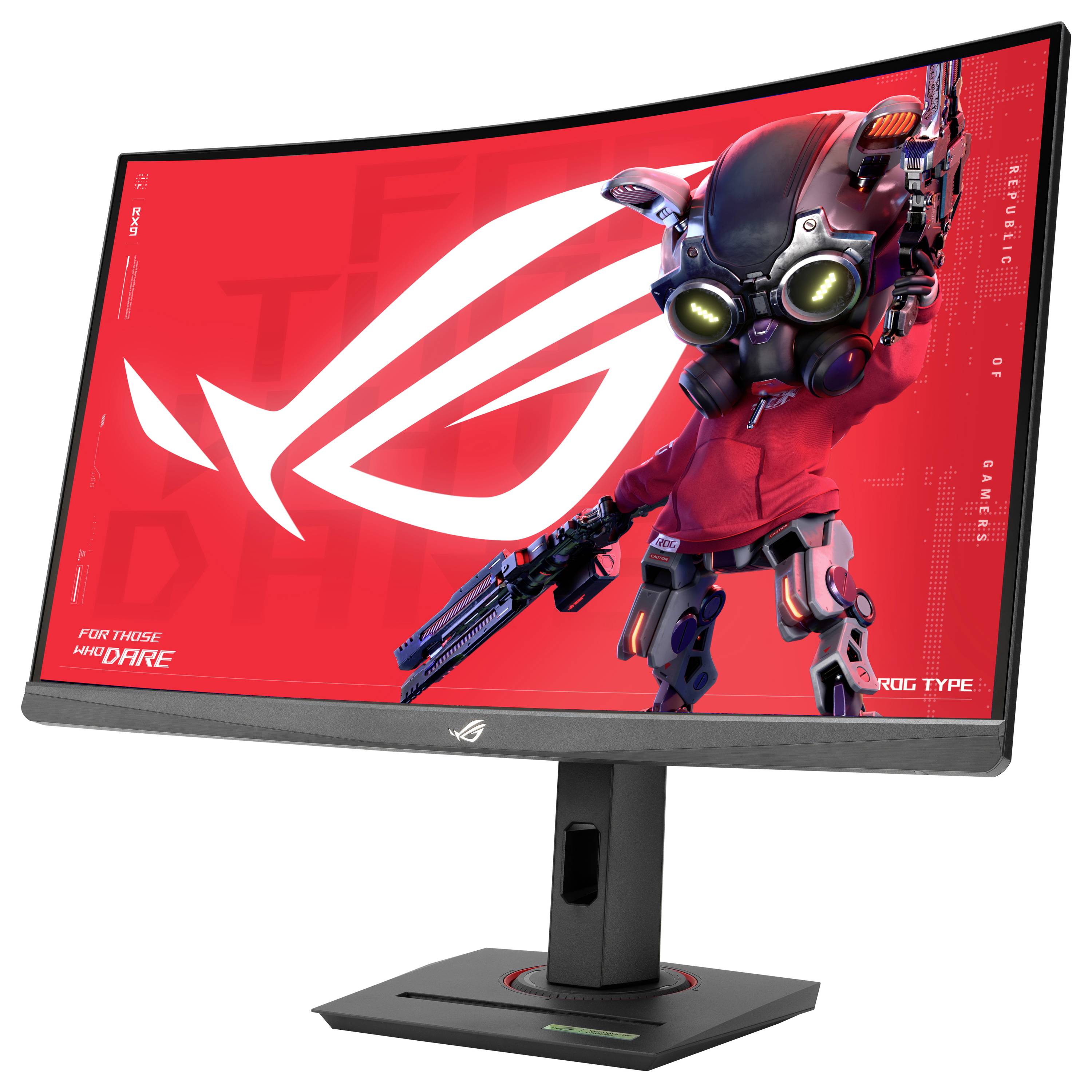Zakřivený herní monitor s červeným displejem, na kterém je zobrazen futuristický robot. Vlevo nahoře logo 'ROG'.