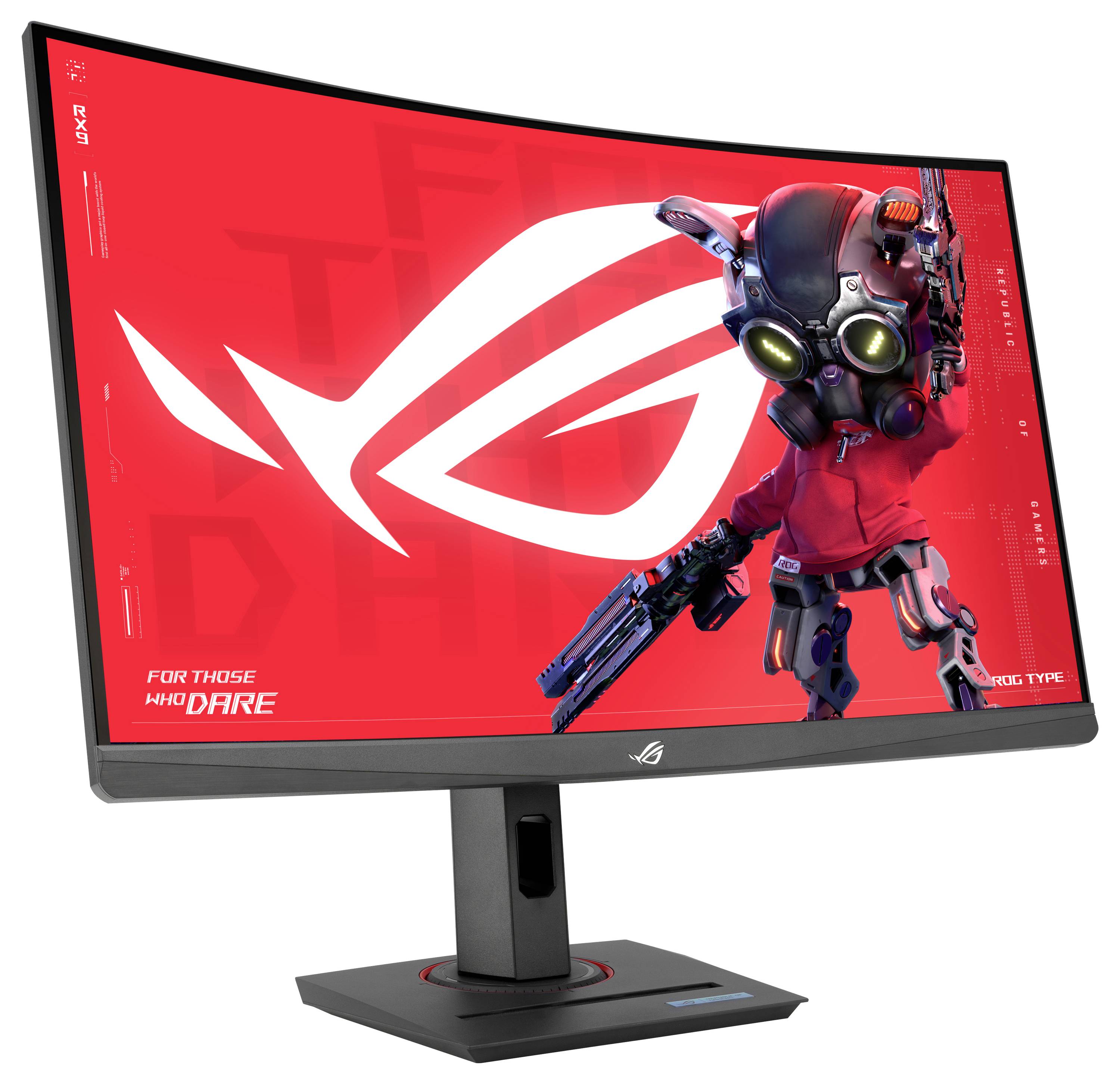 Herní monitor ROG s zakřiveným displejem. Charakteristické logo a futuristická postava jsou výrazně zobrazeny.