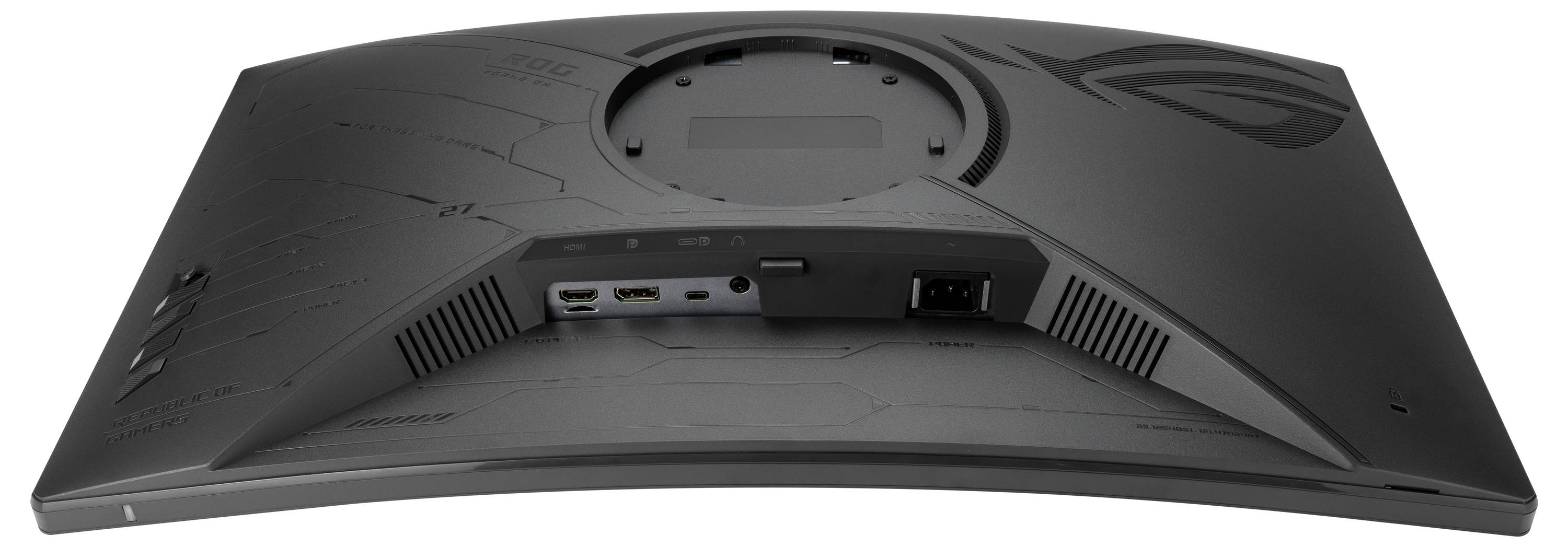 Zadní strana zakřiveného počítačového monitoru zobrazuje přípojky, včetně HDMI a DisplayPort, jakož i připojení napájecího zdroje.