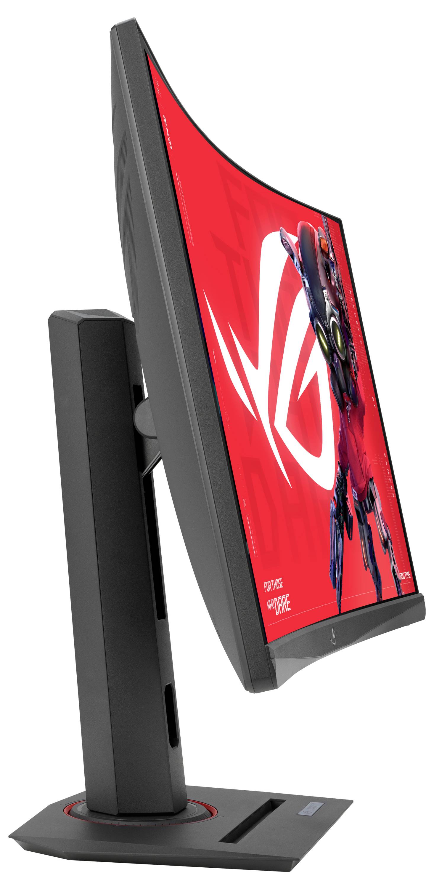 Zakřivený herní monitor s červeným displejem a stylizovanou robotickou grafikou. Boční pohled odhaluje štíhlý design.