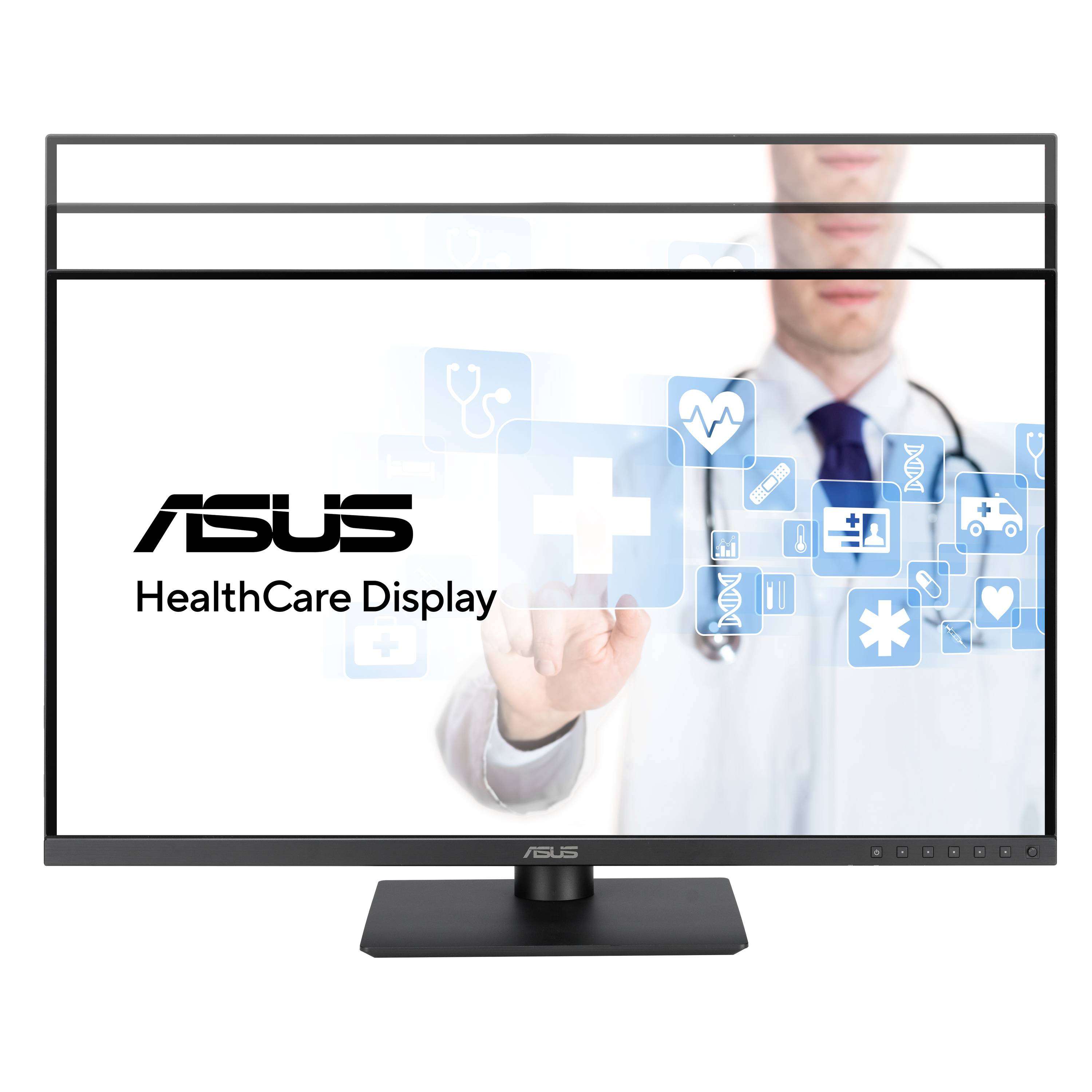 Displej ASUS HealthCare zobrazuje lékaře, který klepá na lékařské symboly na obrazovce. Témata: zdraví, technologie, interakce.