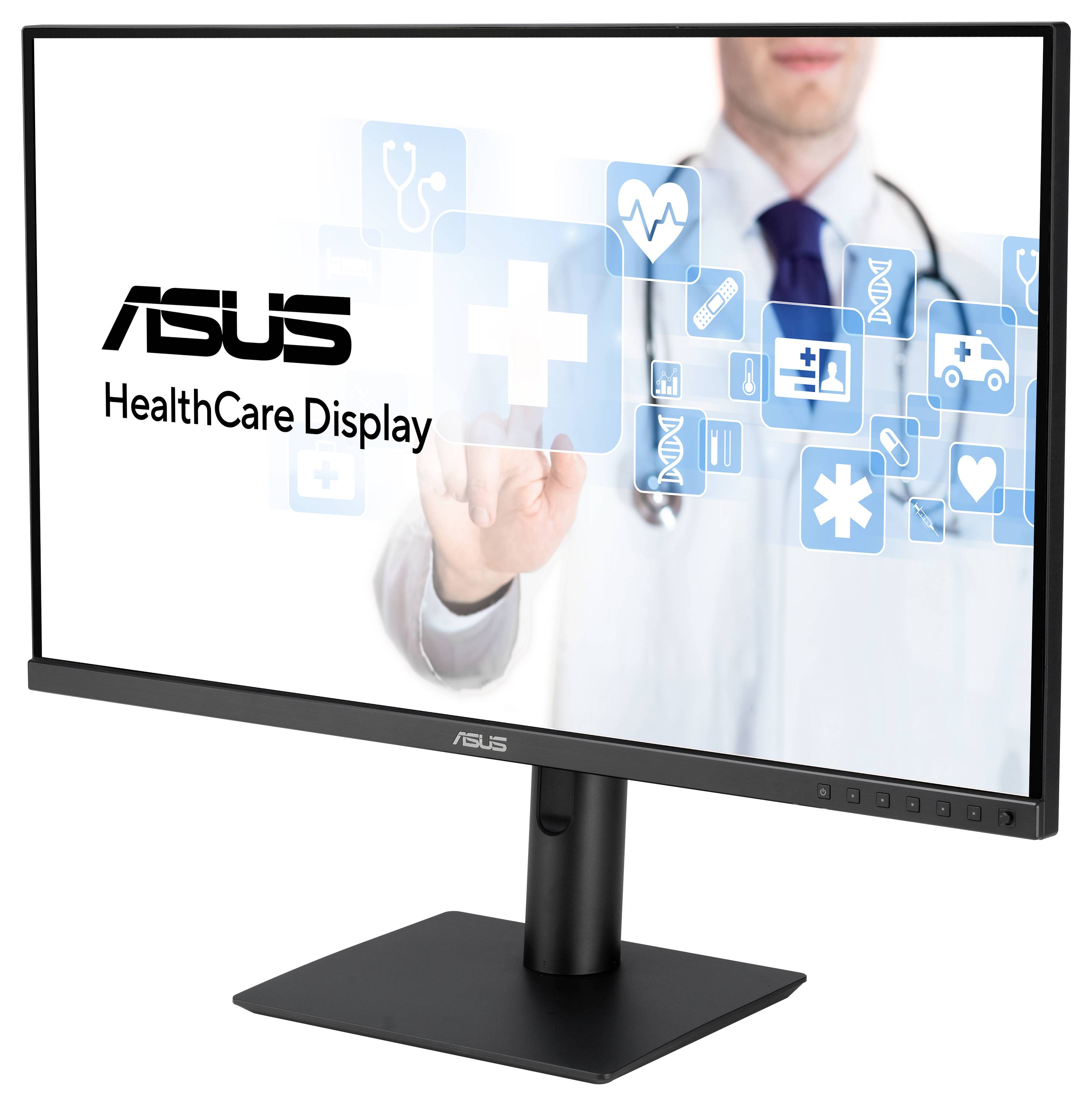 Monitor s zdravotnickými symboly na obrazovce. Lékař v pozadí představuje zdravotnické aplikace. Značka 'ASUS' je viditelná.