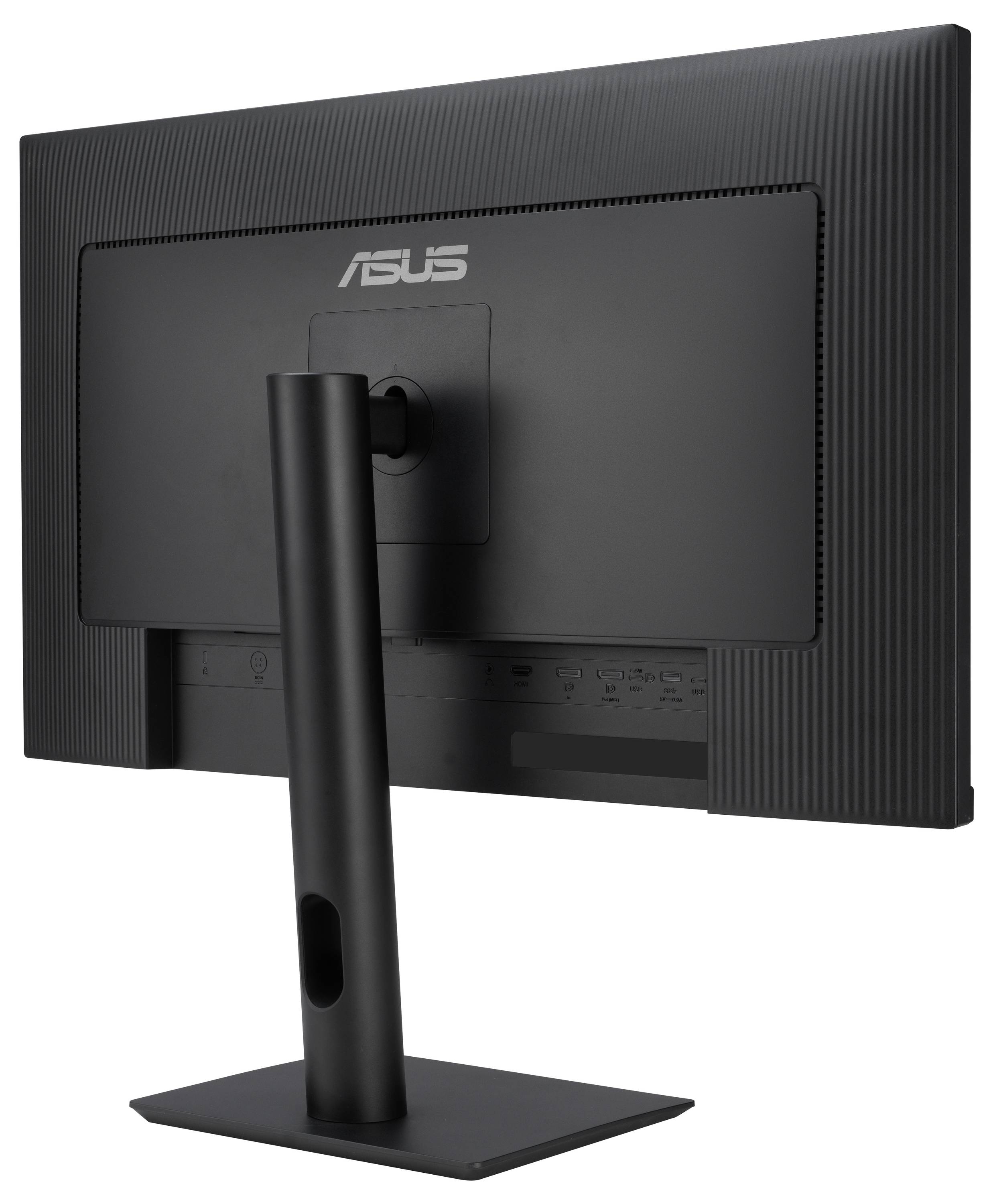 Zadní strana monitoru ASUS na černém stojanu.