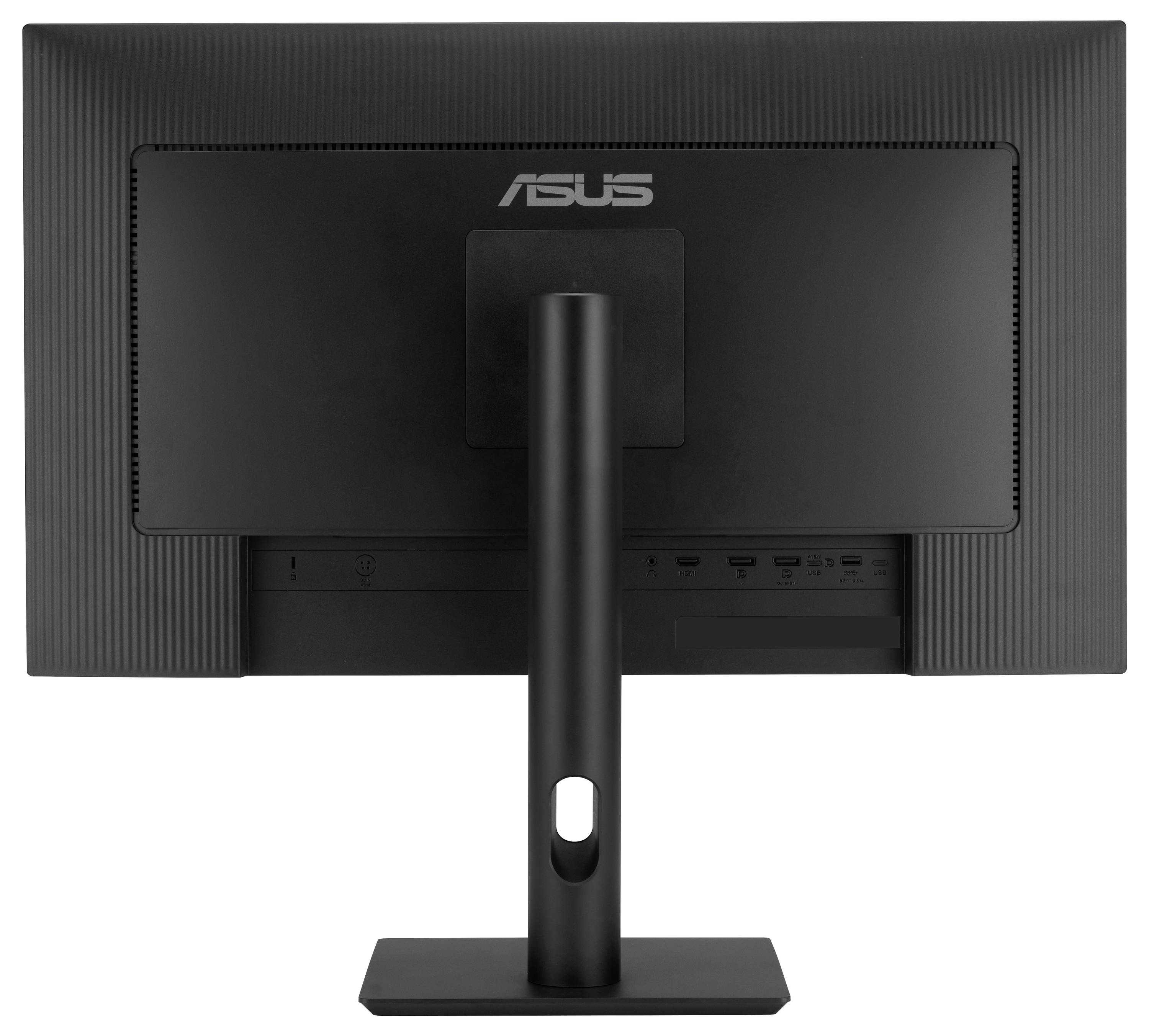 Černý počítačový monitor ASUS pohledem zezadu, připevněný na stojanu.