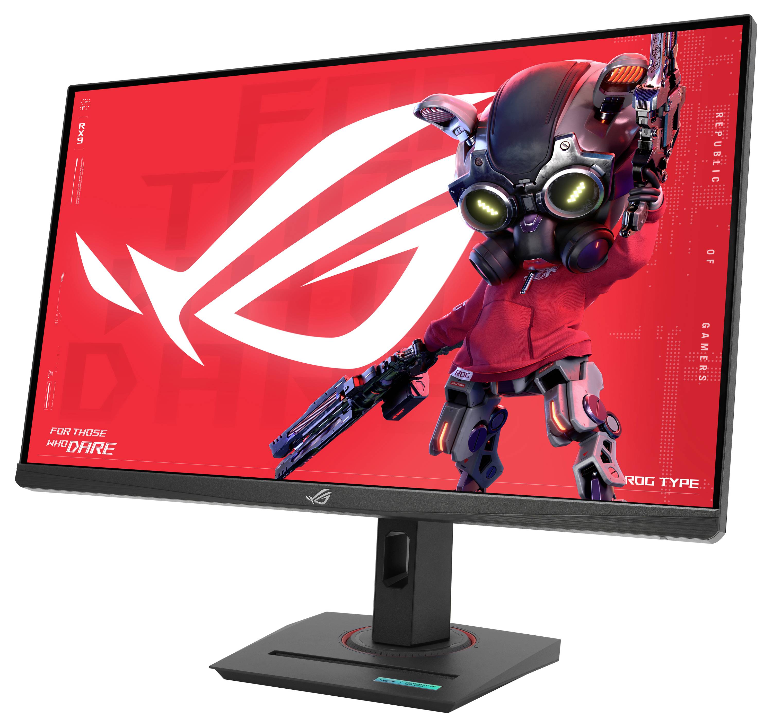 Počítačový monitor s futuristickým robotem na červeném pozadí, reklama pro ASUS ROG, zobrazující odvážný a inovativní design.
