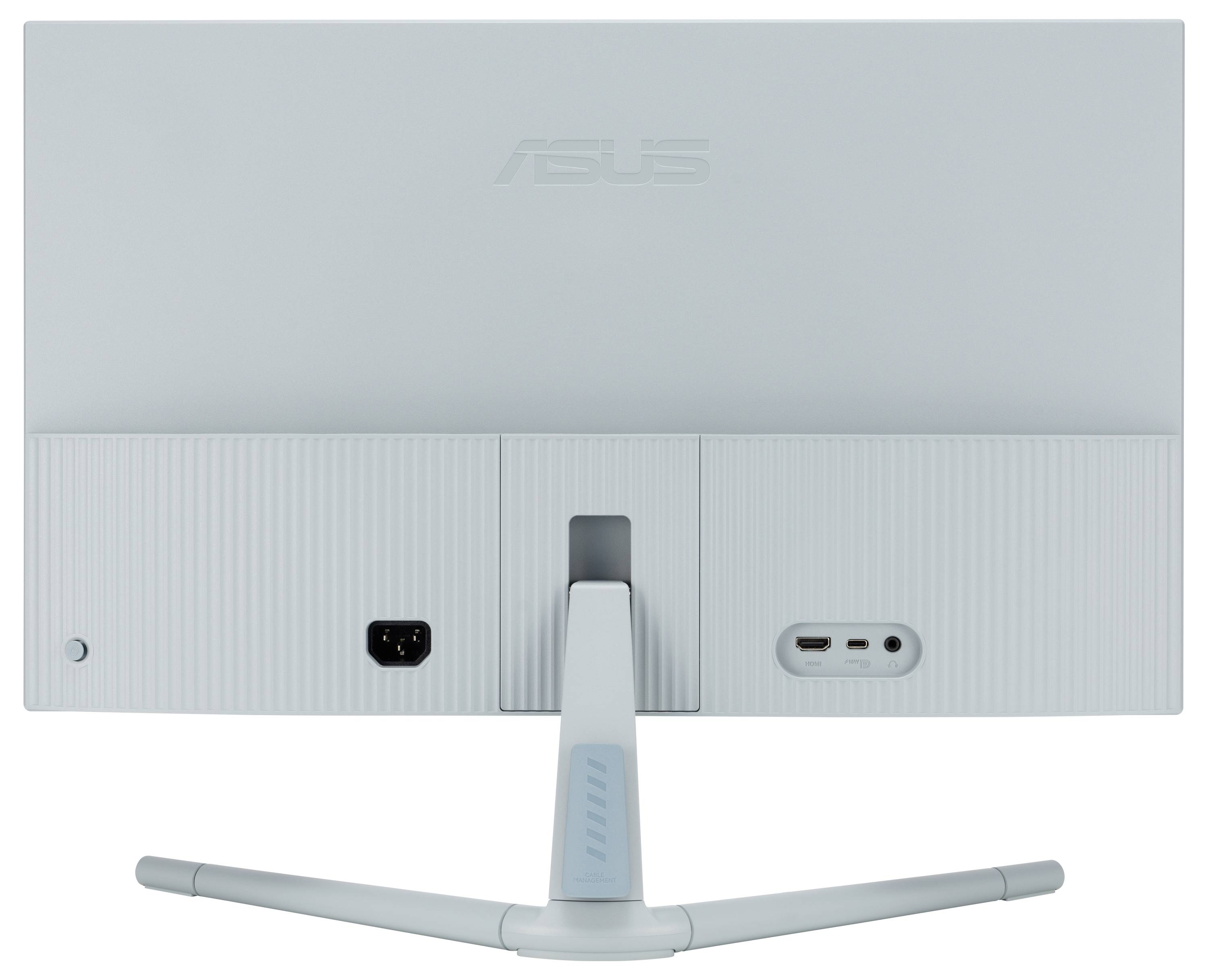 Zadní strana monitoru Asus v světlém designu, centrální stojan, porty pro napájení a HDMI na pravé straně.