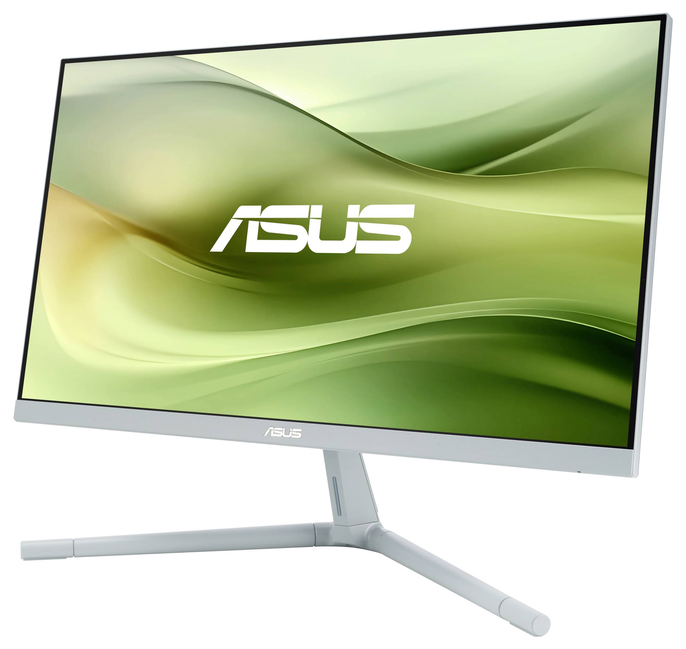 Moderní počítačový monitor s elegantním designem, stojící na kovovém stojanu. Na obrazovce je viditelné logo 'ASUS'.