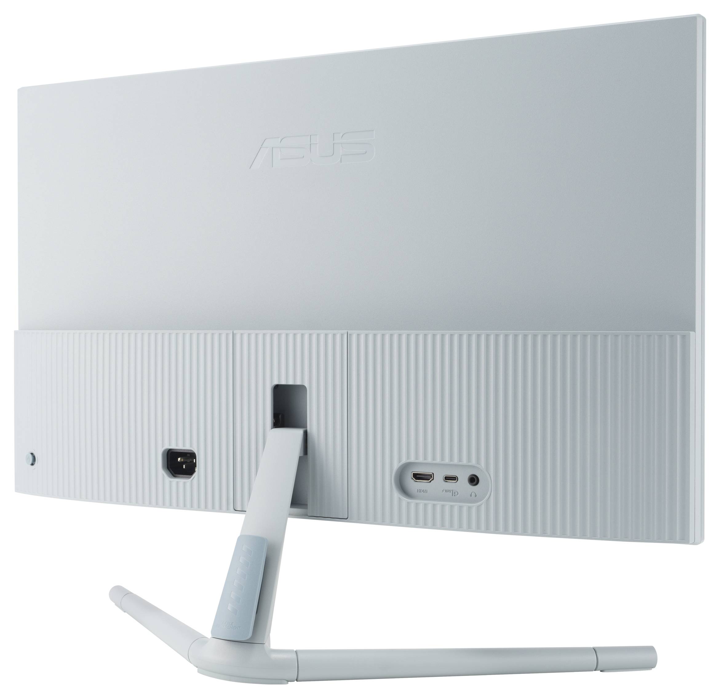 Bílý počítač všechno v jednom pohledem zezadu, ukazující stojan a přípojky pro HDMI a USB-C.