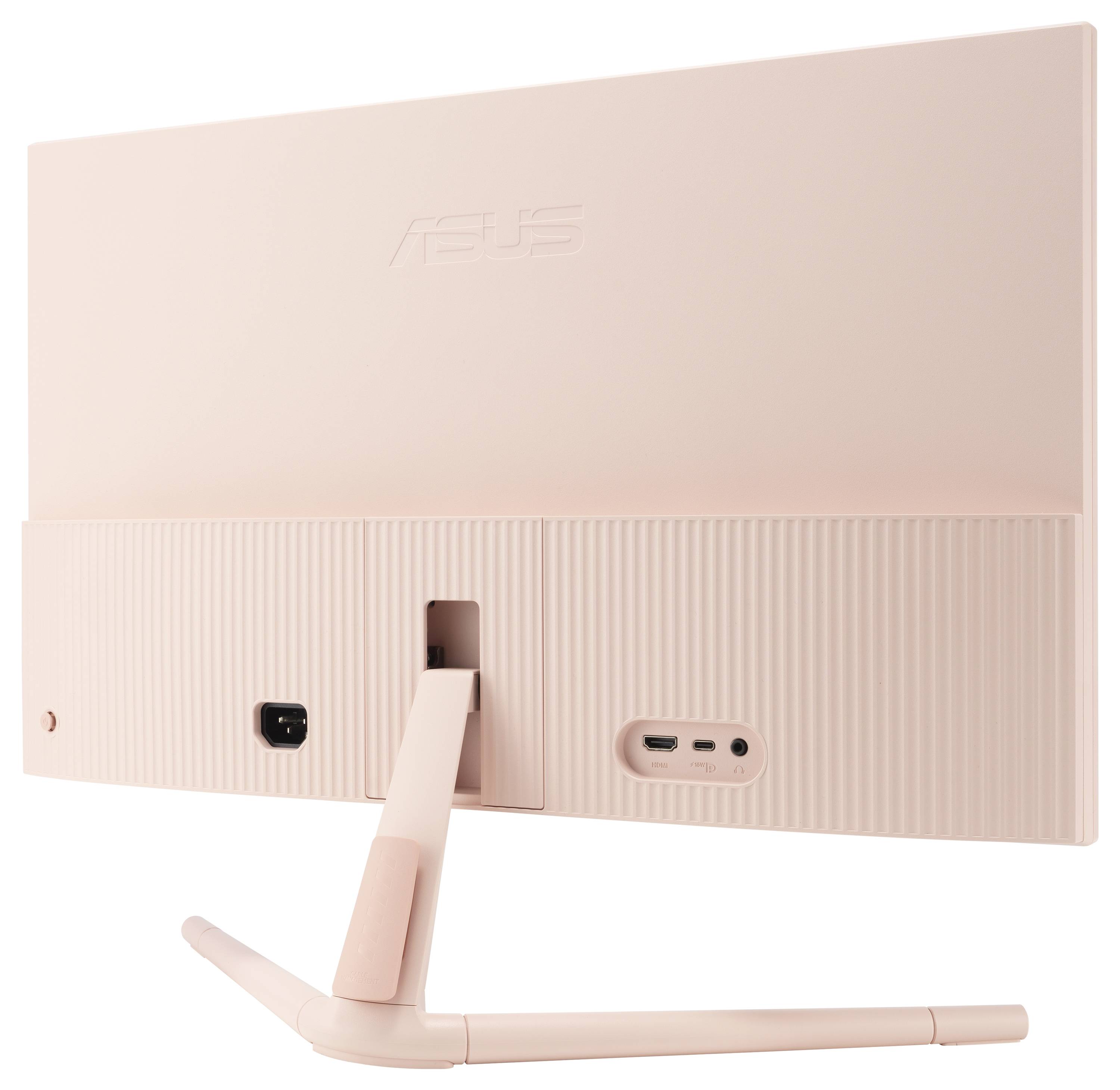 Růžový počítačový monitor značky ASUS s přípojkami na zadní straně a moderním, štíhlým designem.