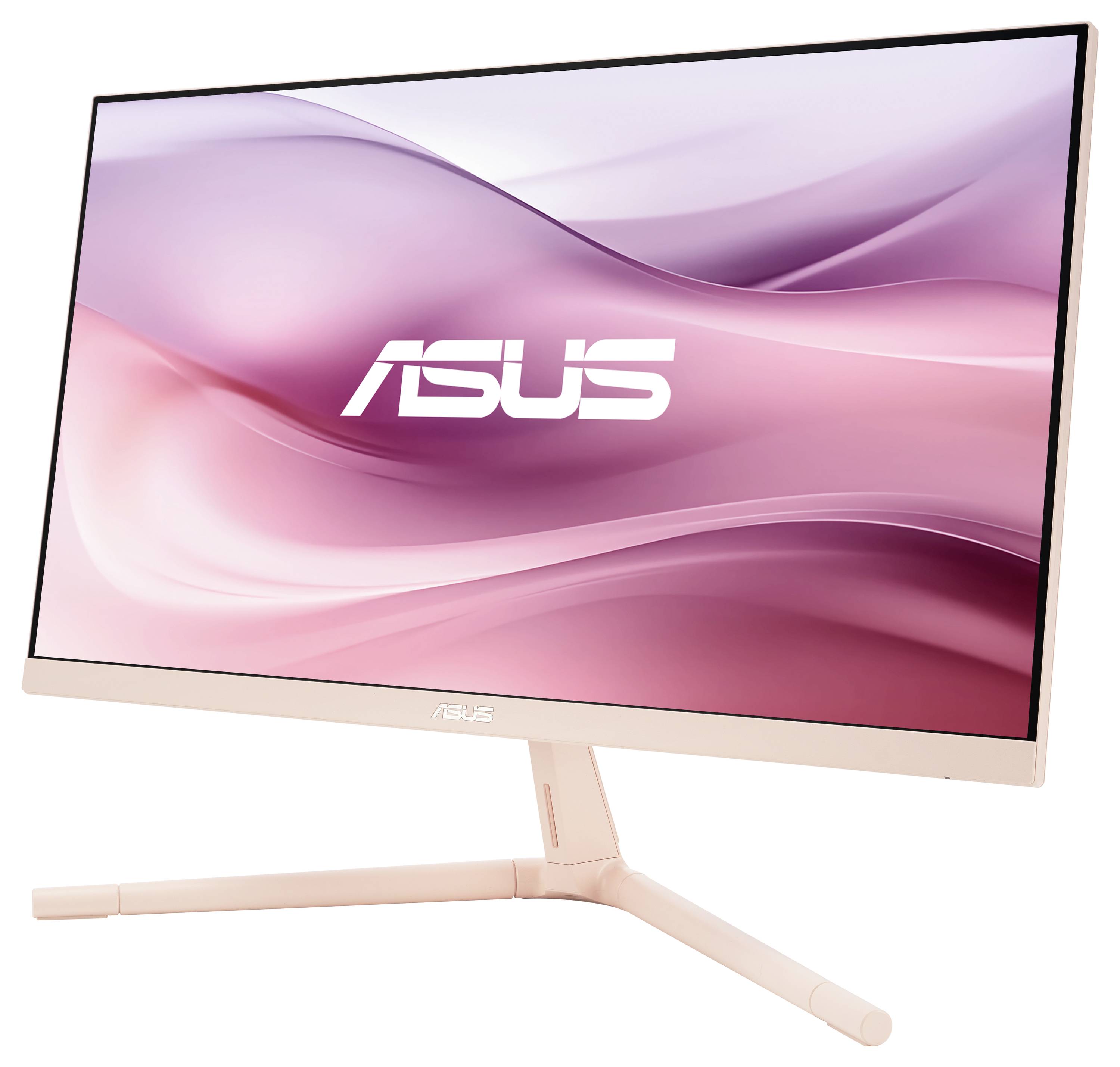 Moderní monitor Asus s úzkým rámečkem a elegantní podstavou, na obrazovce jsou zobrazeny abstraktní růžové vlny.