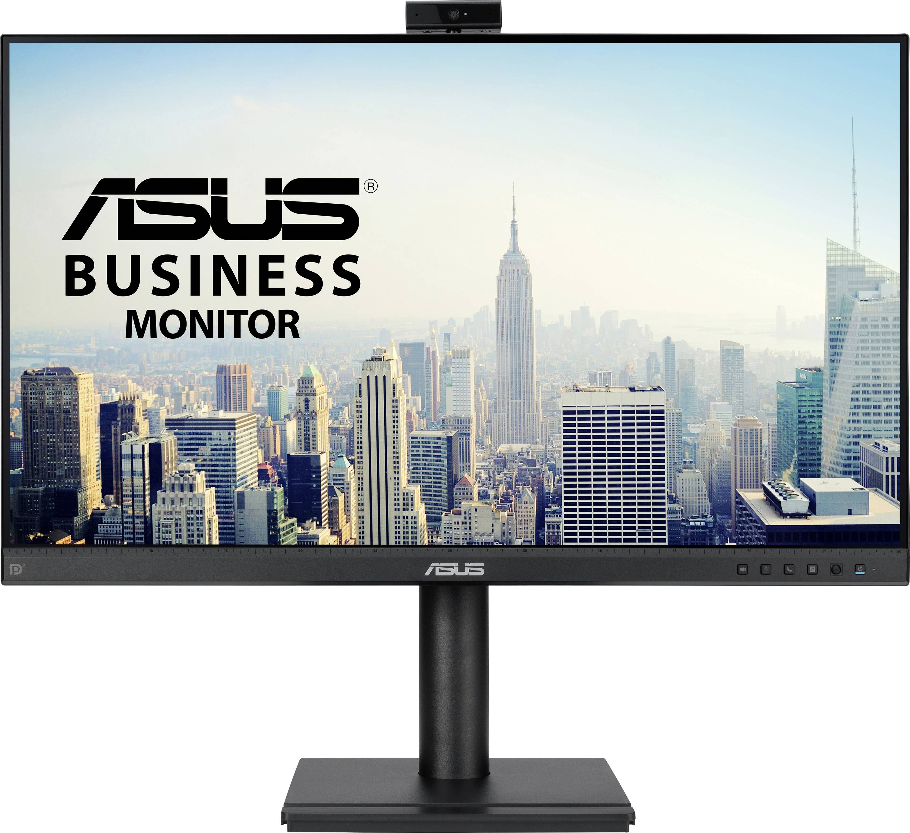 Obchodní monitor ASUS zobrazuje městskou krajinu s mrakodrapy.