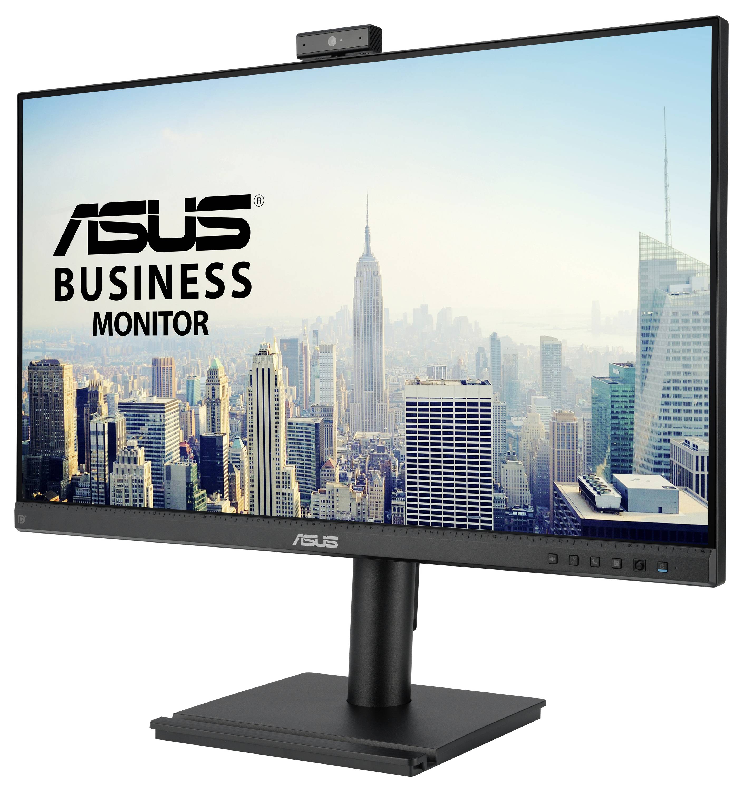 Počítačový monitor zobrazuje městskou siluetu s mrakodrapy. Vlevo nahoře je nápis 'ASUS Business Monitor'. Na obrazovce je namontována kamera.