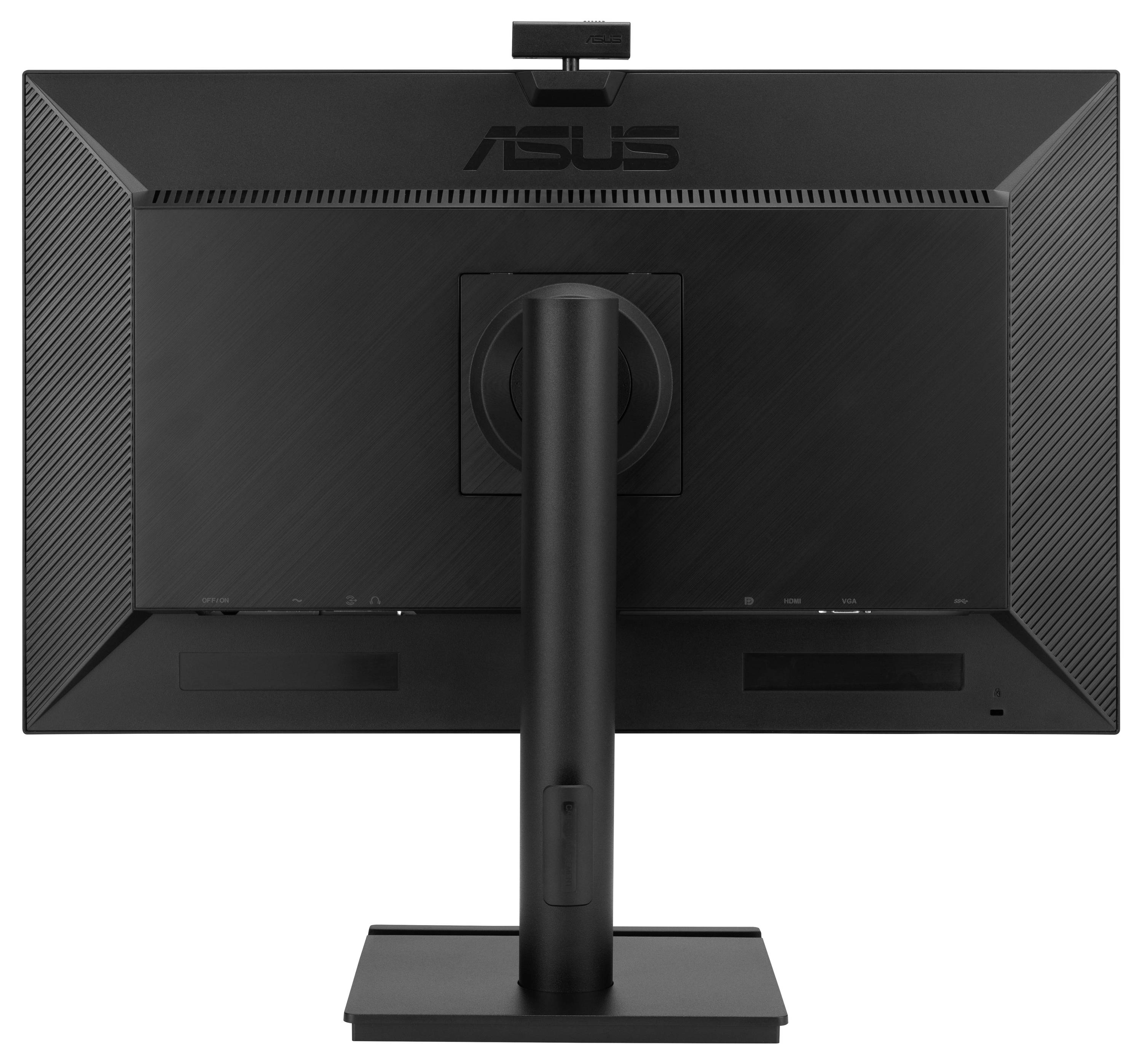 Černý počítačový monitor zezadu, s pevným, výškově nastavitelným stojanem. Nahoře je viditelné logo výrobce.