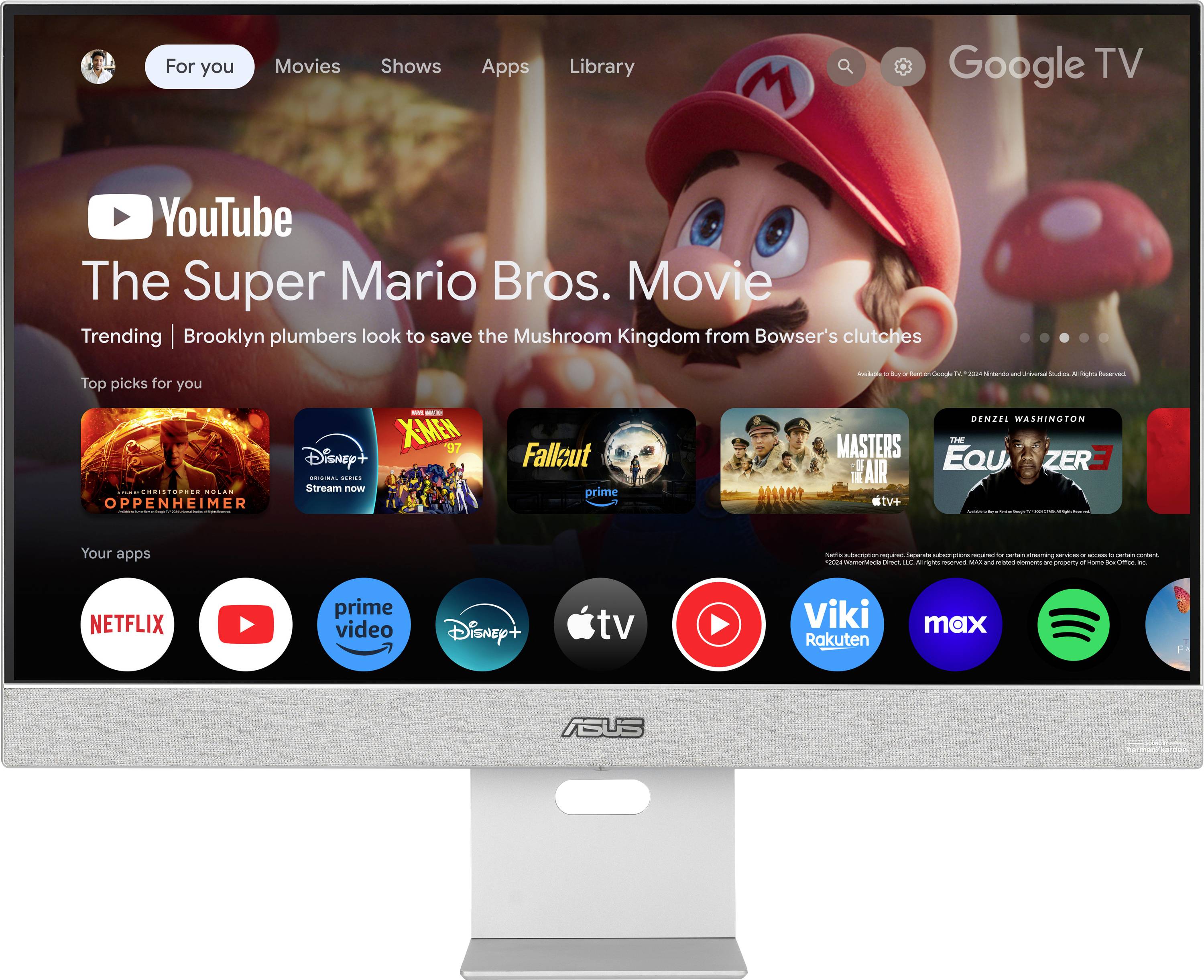 Úvodní stránka filmů na obrazovce s náhledem YouTube pro film "Super Mario Bros. ve filmu". Doporučené aplikace: Netflix, Disney+, Amazon Prime.