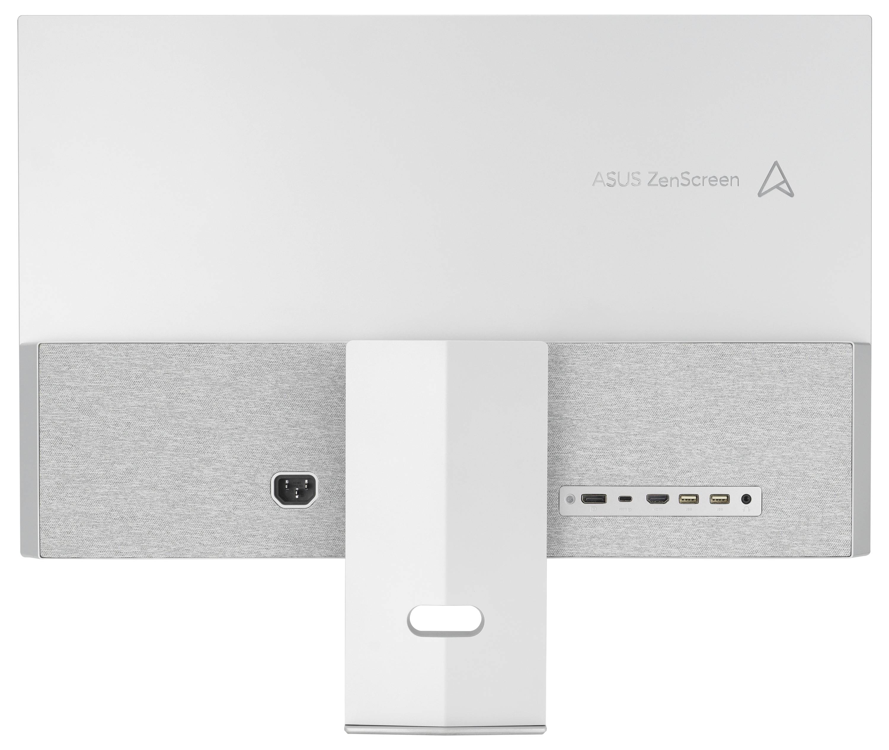 Pohled zezadu na monitor s přípojkami: HDMI, USB-C, USB-A a napájecí konektor. Text 'ASUS ZenScreen' a logo viditelné.