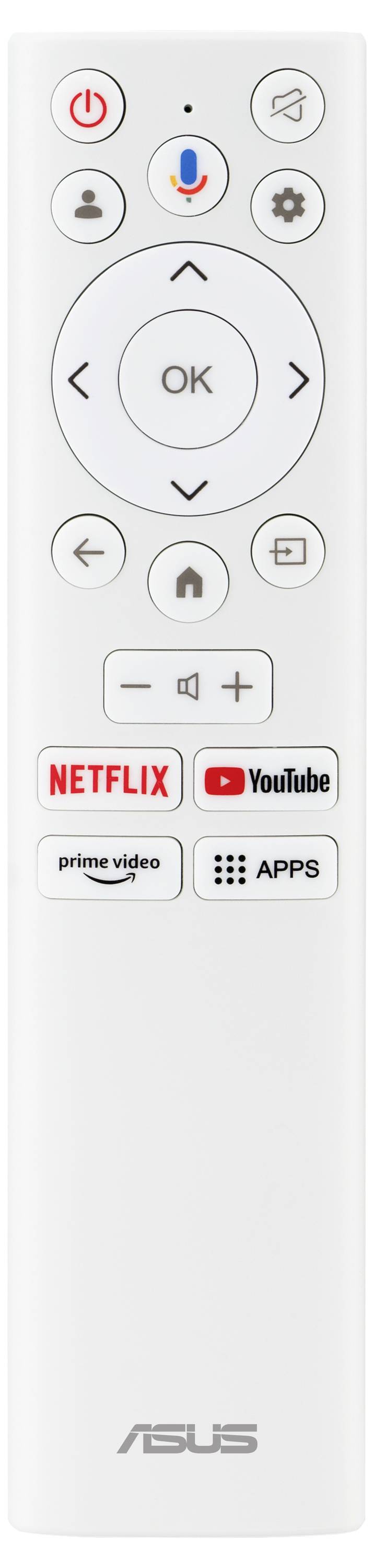 Bílé dálkové ovládání s tlačítky pro 'Netflix', 'Prime Video', 'YouTube' a 'Aplikace', obklopené standardními ovládacími tlačítky.