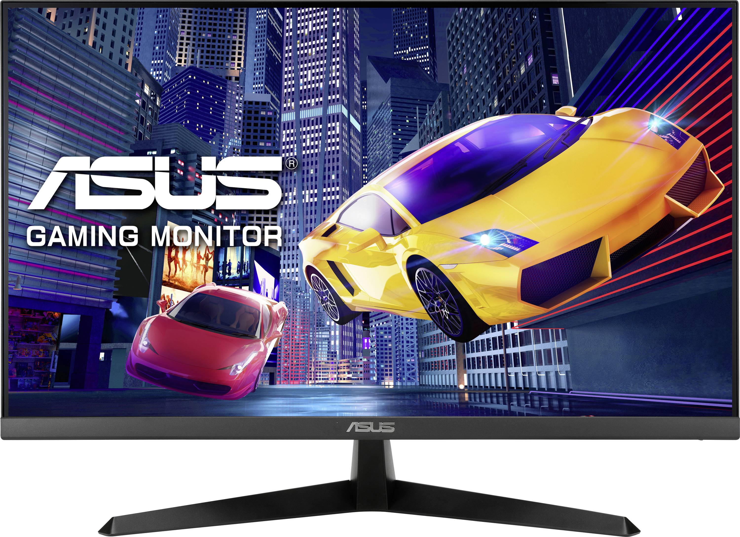 Herní monitor ASUS se dvěma závodními vozy v futuristickém městě.