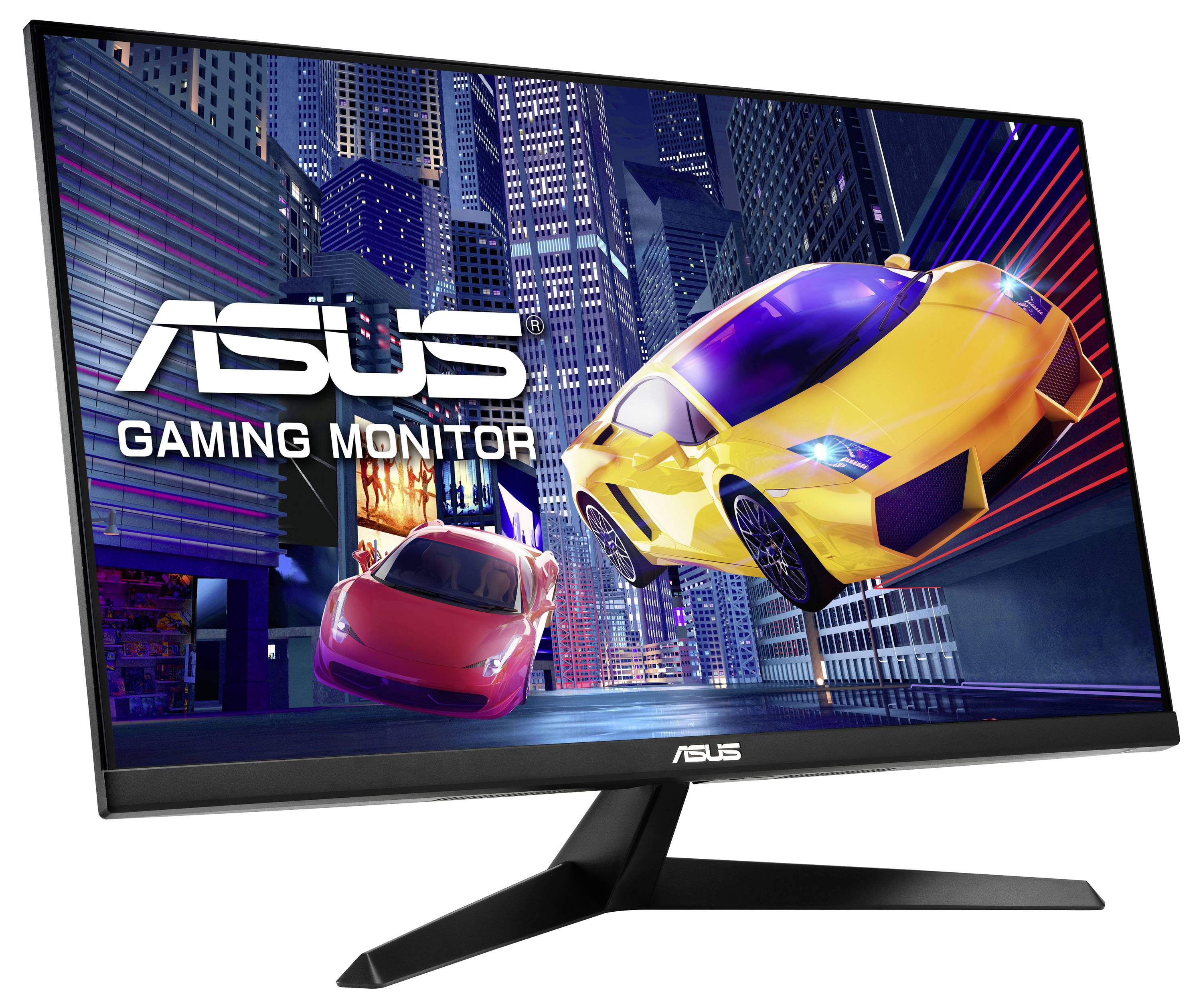 Herní monitor ASUS zobrazuje obraz dvou závodních aut v futuristickém městě. Vlevo je viditelné logo ASUS.
