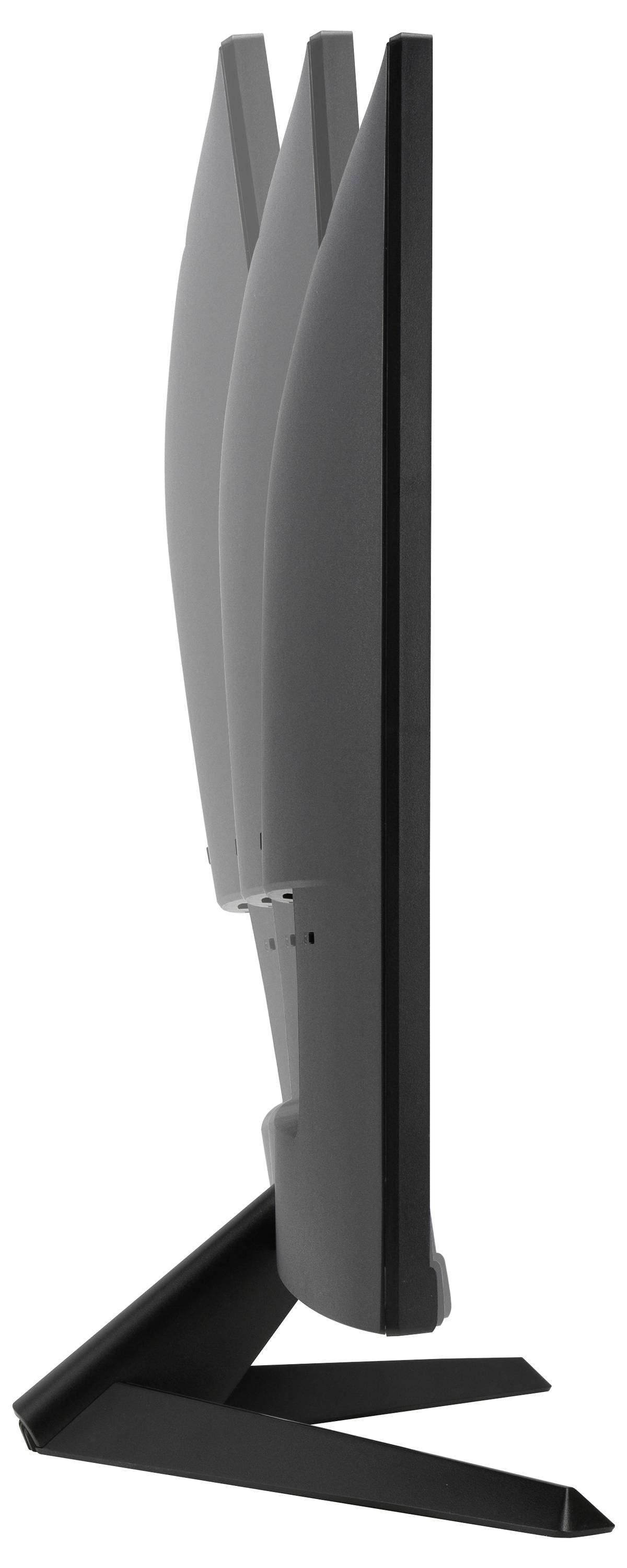 Boční pohled na otočný, plochý monitor s elegantním designem. Monitor je nakloněn doprava.