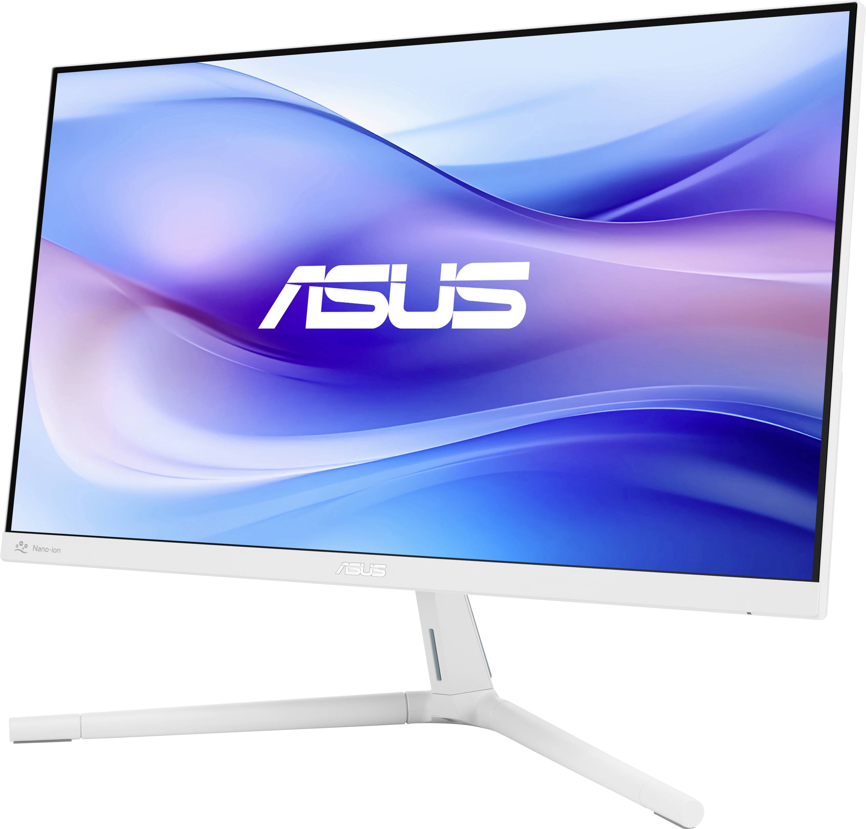 Moderní monitor ASUS s tenkým bílým rámečkem a stojanem zobrazující abstraktní modro-fialové pozadí na obrazovce.