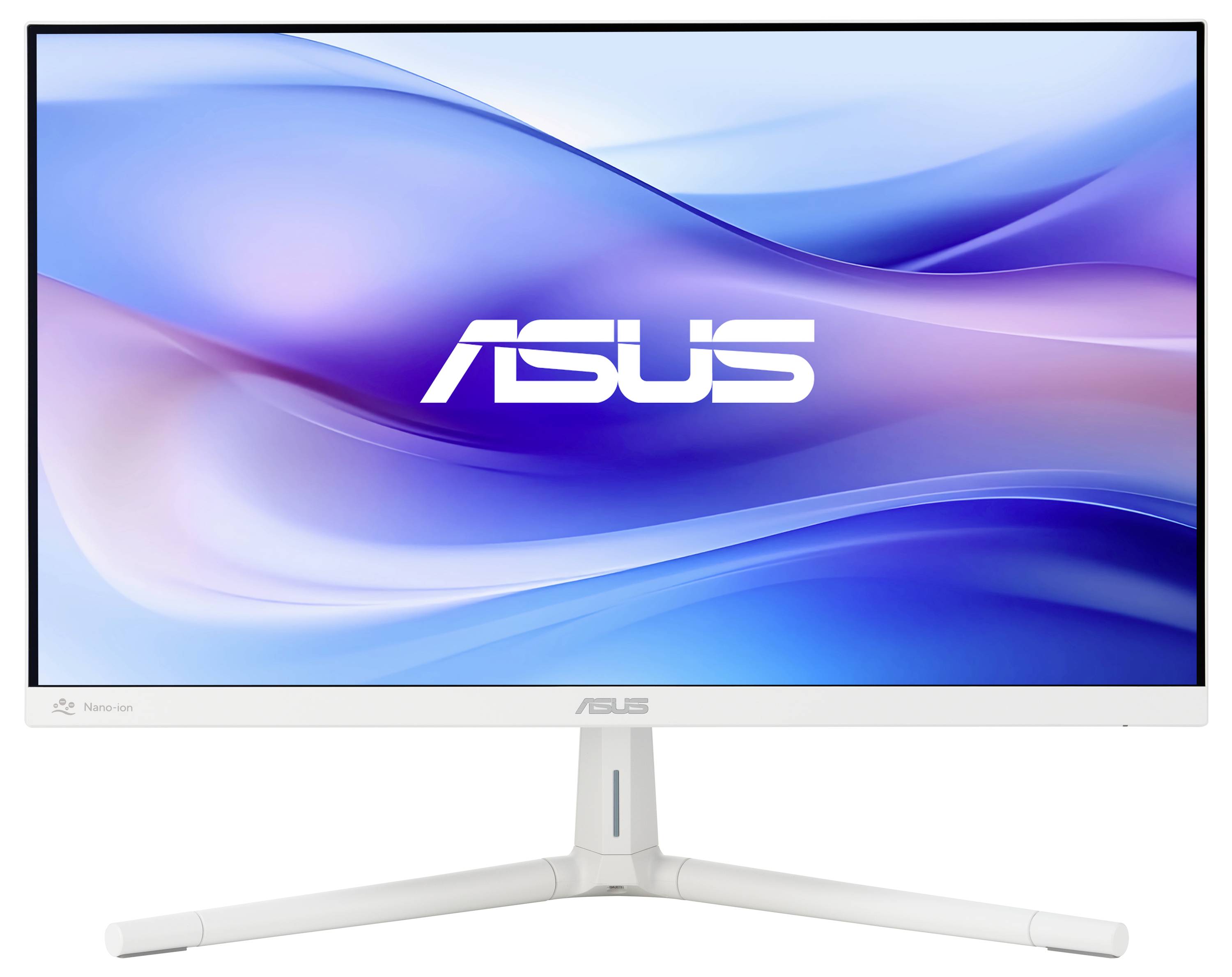 Počítačový monitor zobrazuje logo Asus na modro-bílém pozadí. Monitor má úzký bílý rámeček a stojí na bílém podstavci.