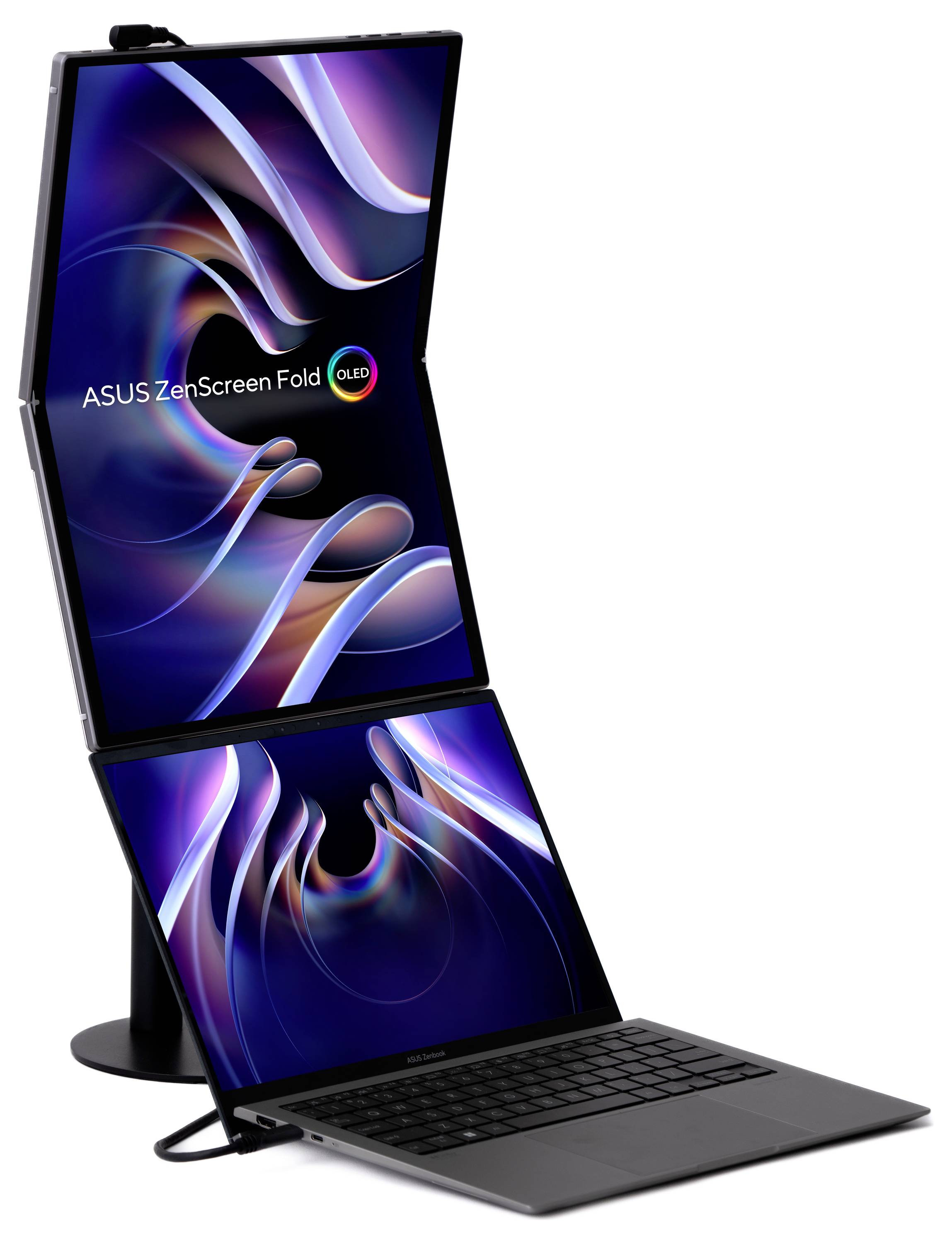 Notebook se dvěma displeji, umístěnými jeden nad druhým. Nahoře je větší obrazovka, dole menší s klávesnicí.