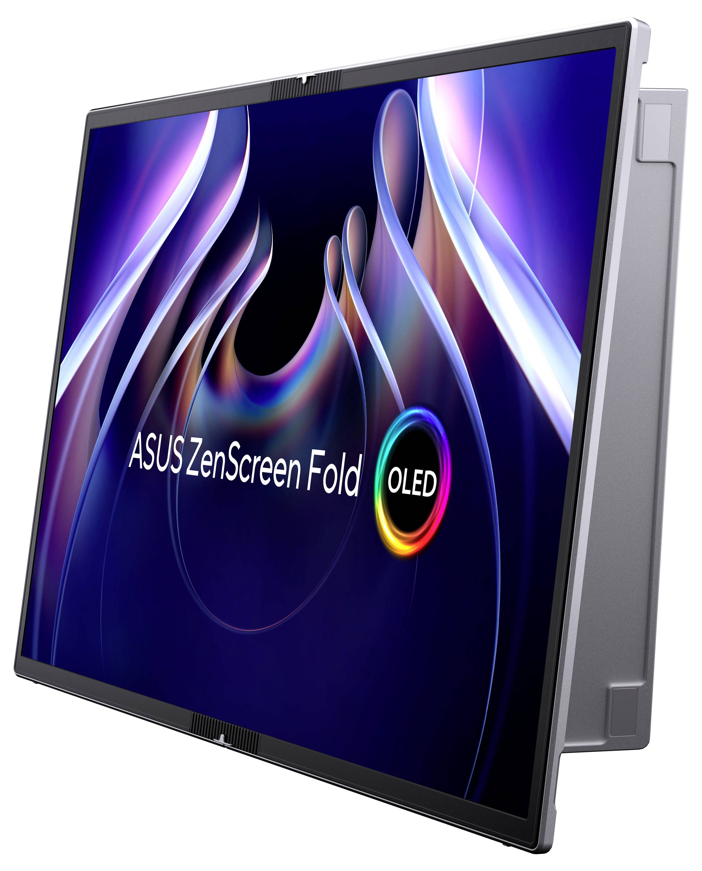 ASUS ZenScreen Fold OLED monitor, lehce nakloněný, zobrazuje logo a barevnou, vlnovitou grafiku pozadí.