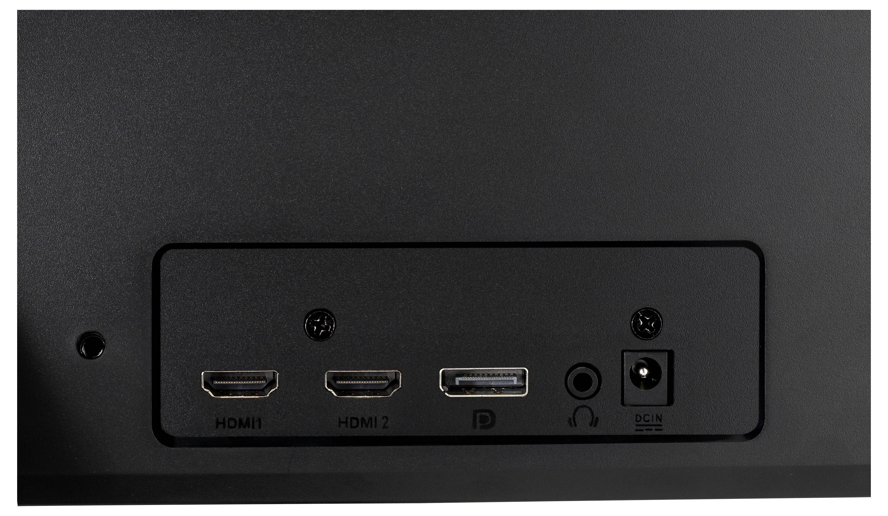 Zadní strana monitoru s konektory: dva HDMI vstupy, jeden DisplayPort, audiozdířka a napájecí konektor.