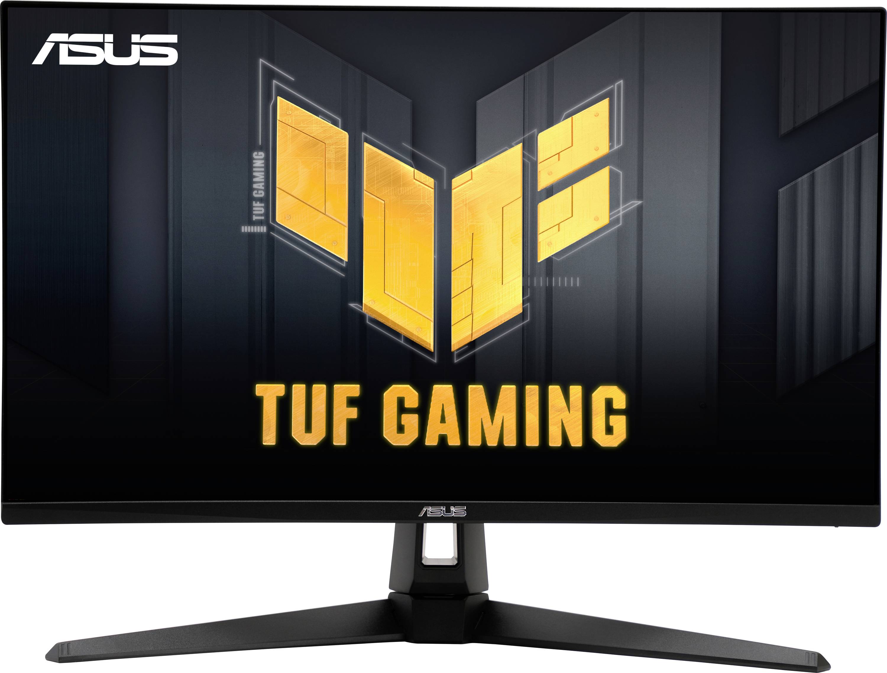 Herní monitor s černým tělem a žlutým logem uprostřed. Vlevo nahoře je nápis 'ASUS' a pod ním žlutým písmem 'TUF Gaming'.