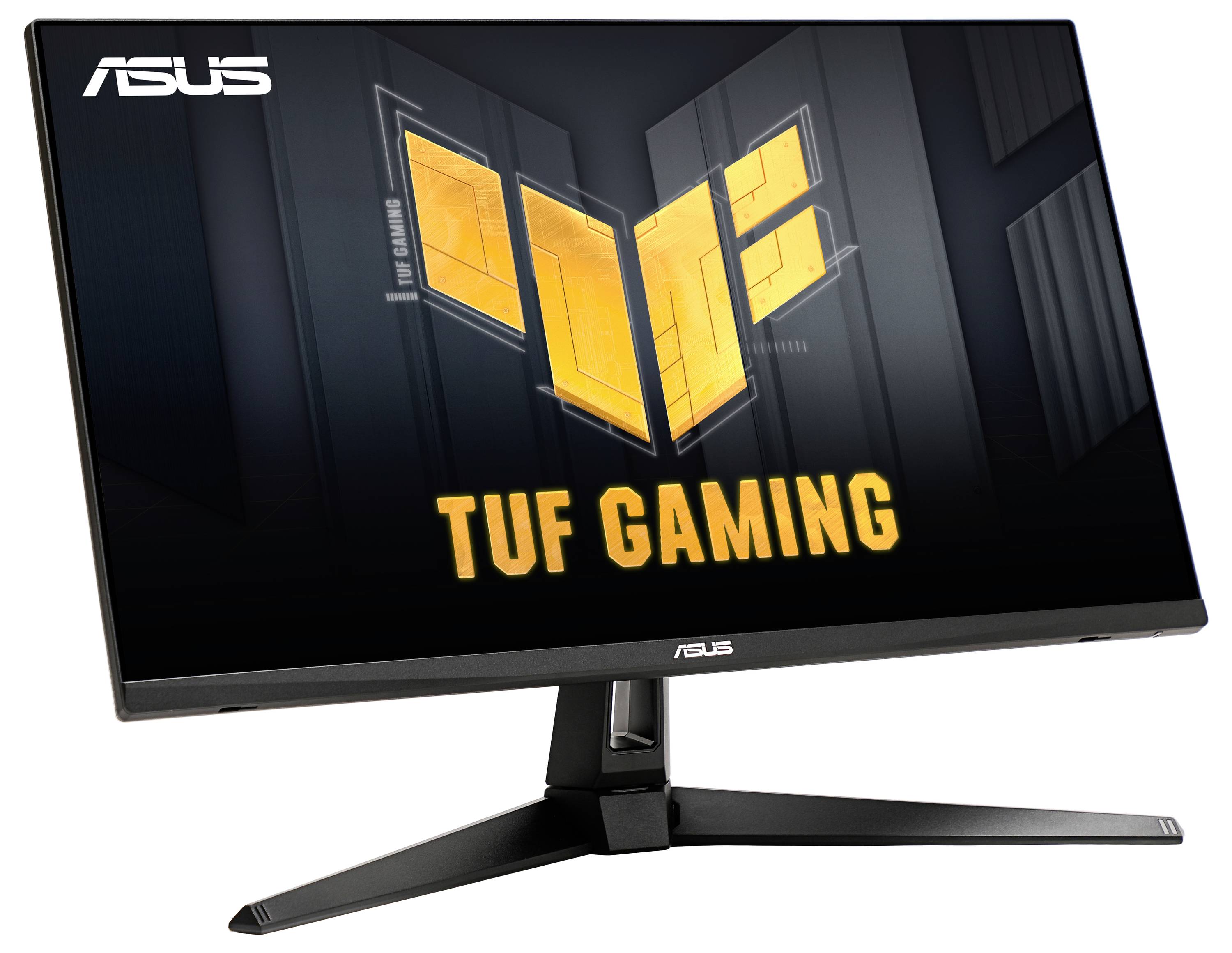Počítačový monitor s nápisem 'ASUS TUF Gaming', černá skříň, moderní design.