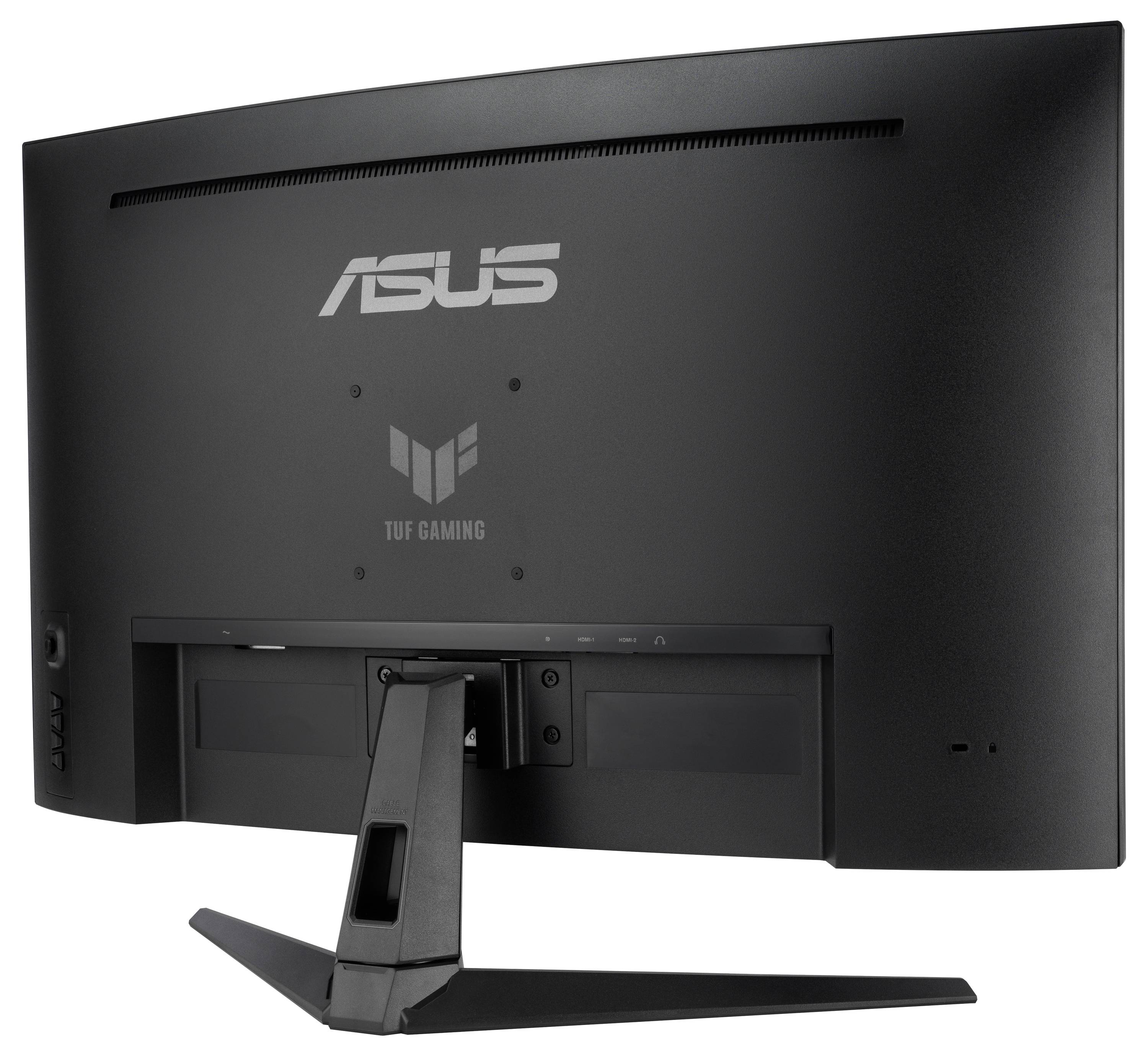 Černý herní monitor ASUS TUF pohledem zezadu, s viditelným logem a robustní podstavou.