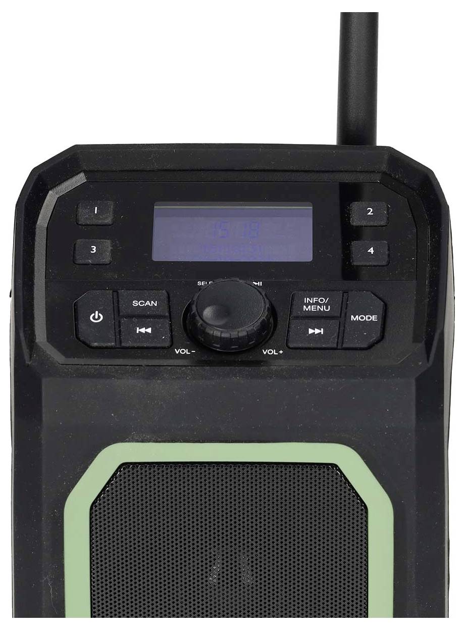 Přenosné rádio s černě šedým krytem, tlačítky pro skenování, Info/Menu a Režim, ovladačem hlasitosti a displejem nahoře.