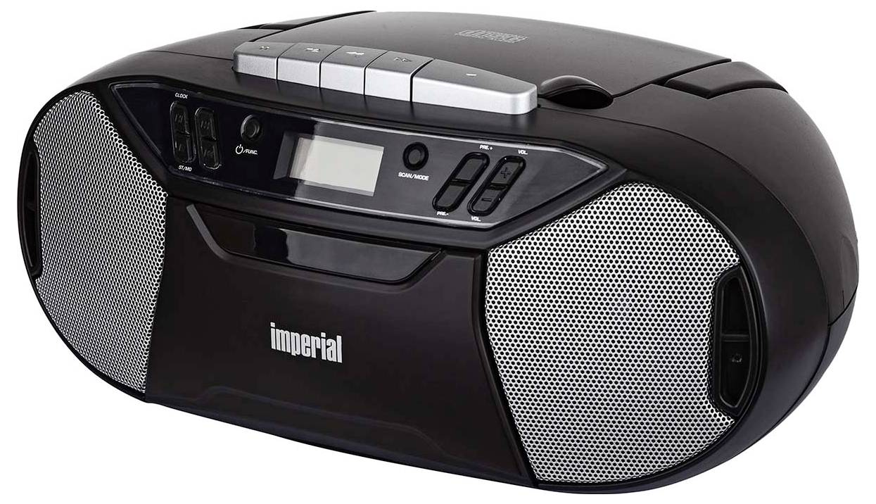 Černý přenosný rádio-magnetofon s vestavěnými reproduktory a tlačítky pro přehrávání, zastavení a nahrávání.