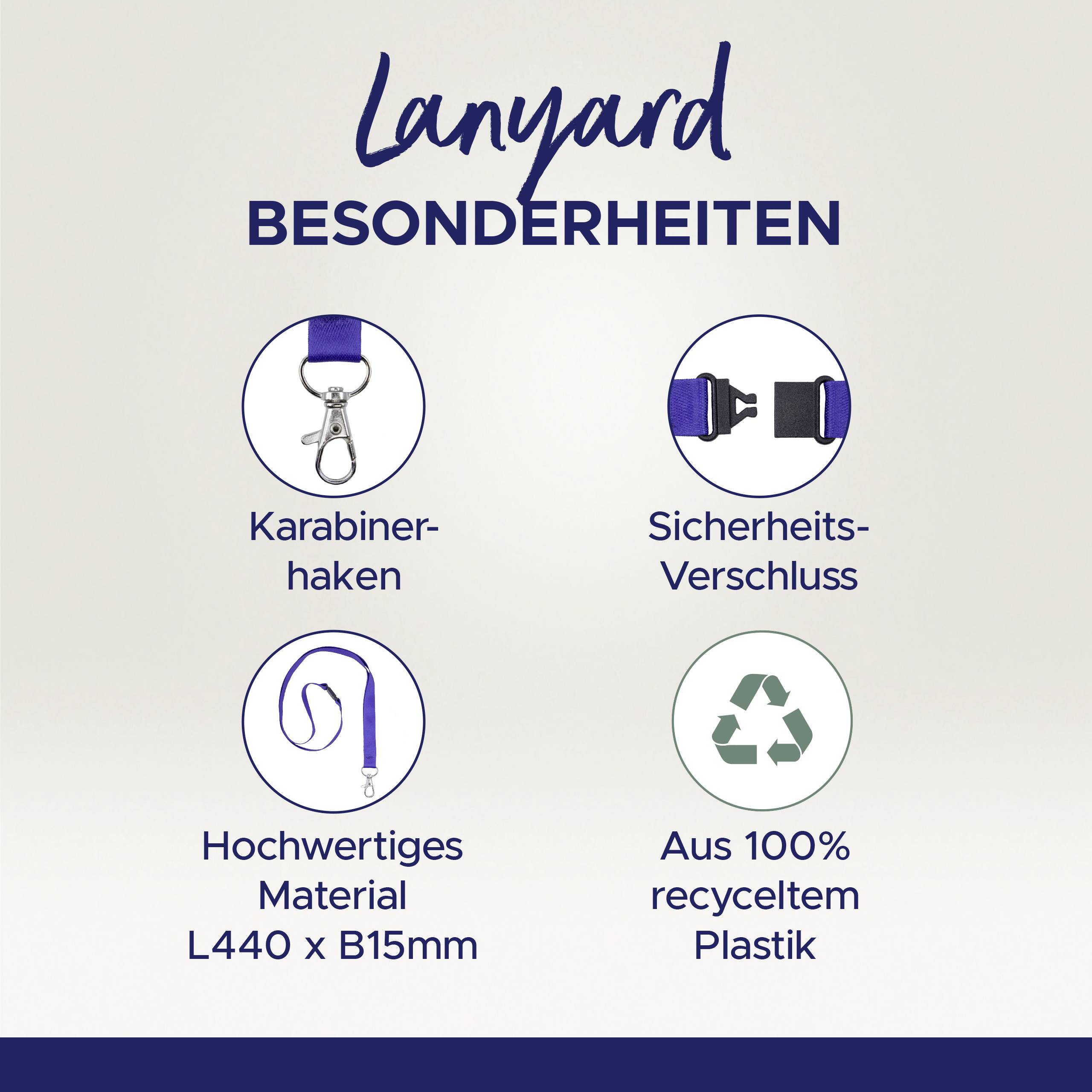 Zvláštnosti šňůrky: karabinový háček, bezpečnostní spona, kvalitní materiál (440 x 15 mm) a 100% recyklovaný plast.