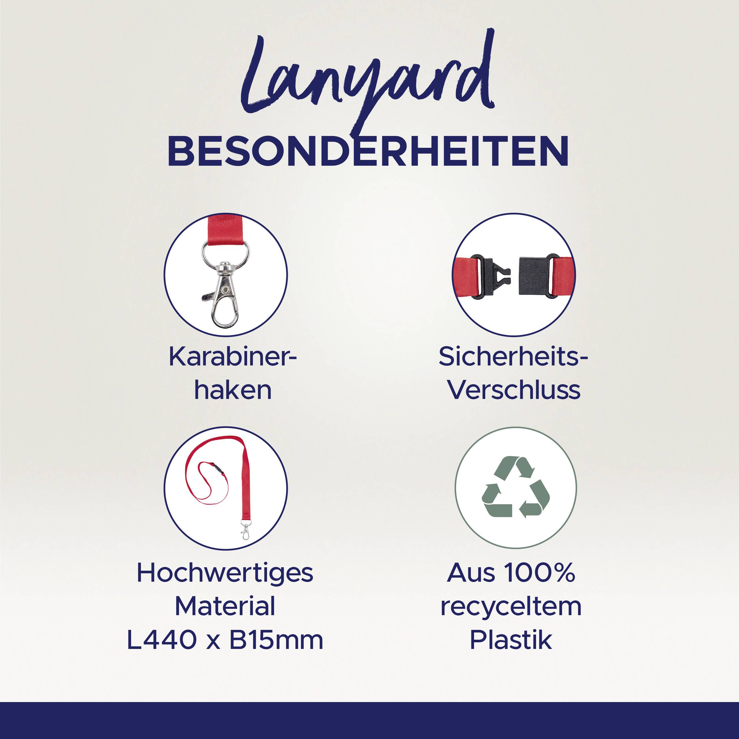 Charakteristiky šňůry: Karabinový háček, bezpečnostní spona, vysoce kvalitní materiál L440 x Š15mm, vyrobeno ze 100% recyklovaného plastu.