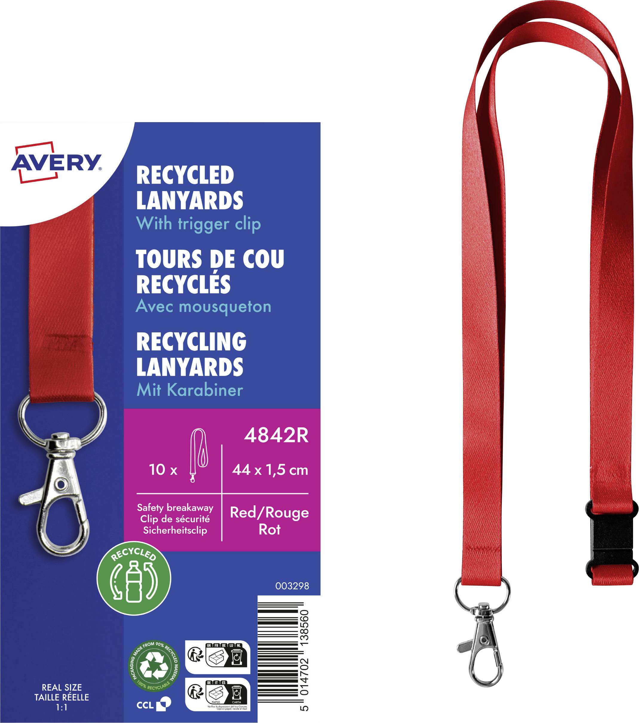 Šňůry na krk z recyklovaného materiálu s karabinkou, obsahuje 10 kusů, velikost 44x1,5 cm, barva červená. Obsahuje bezpečnostní a recyklační pokyny.